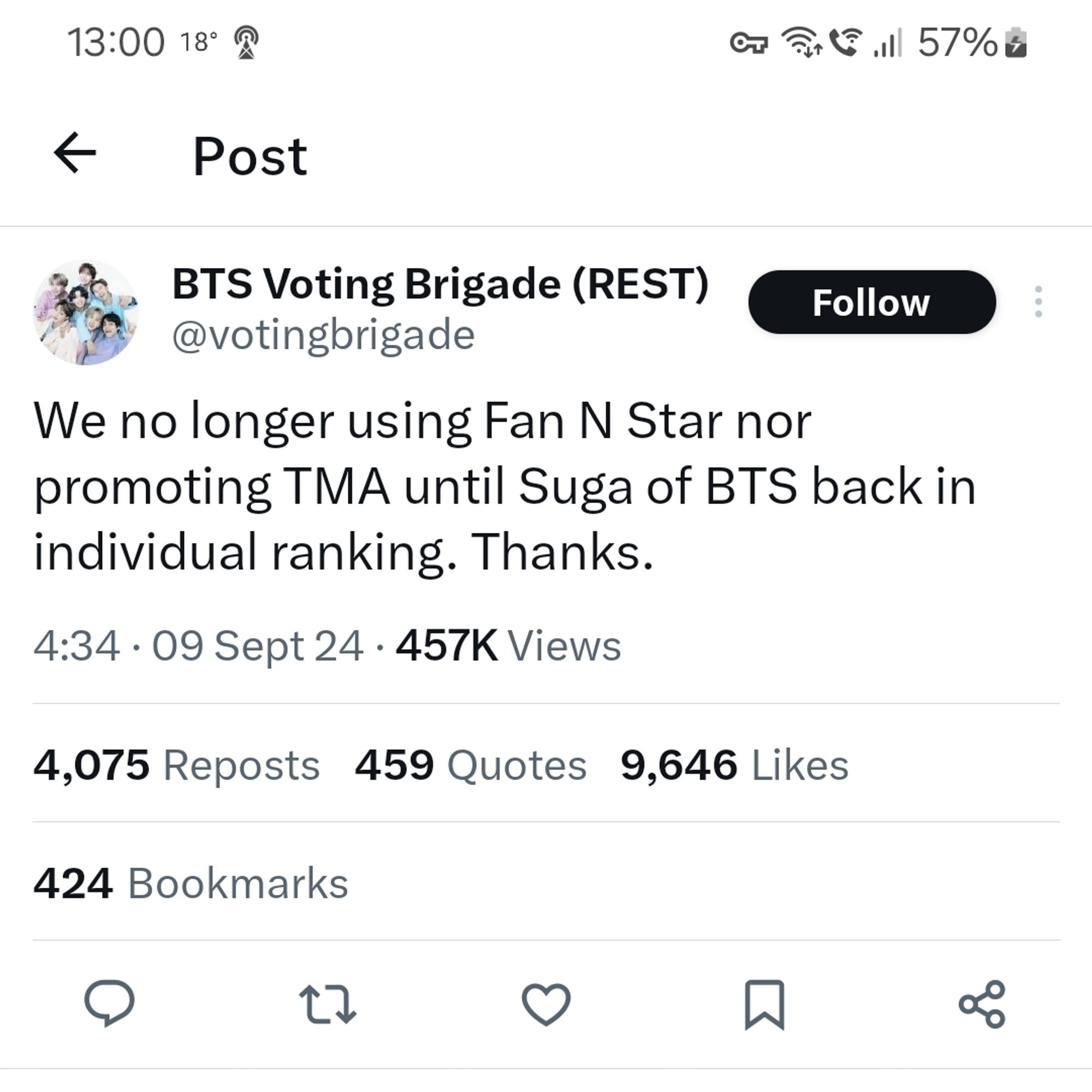 Ss of a post from X  explaining, we Army will boycott the apps Fan N Star and TMA because they took Suga away in individual ranking.