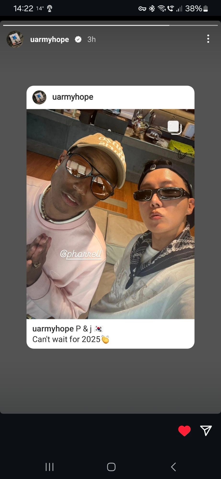 From Jhopes ig, photo of him an Pharrell, caption saying: can't wait for 2025.