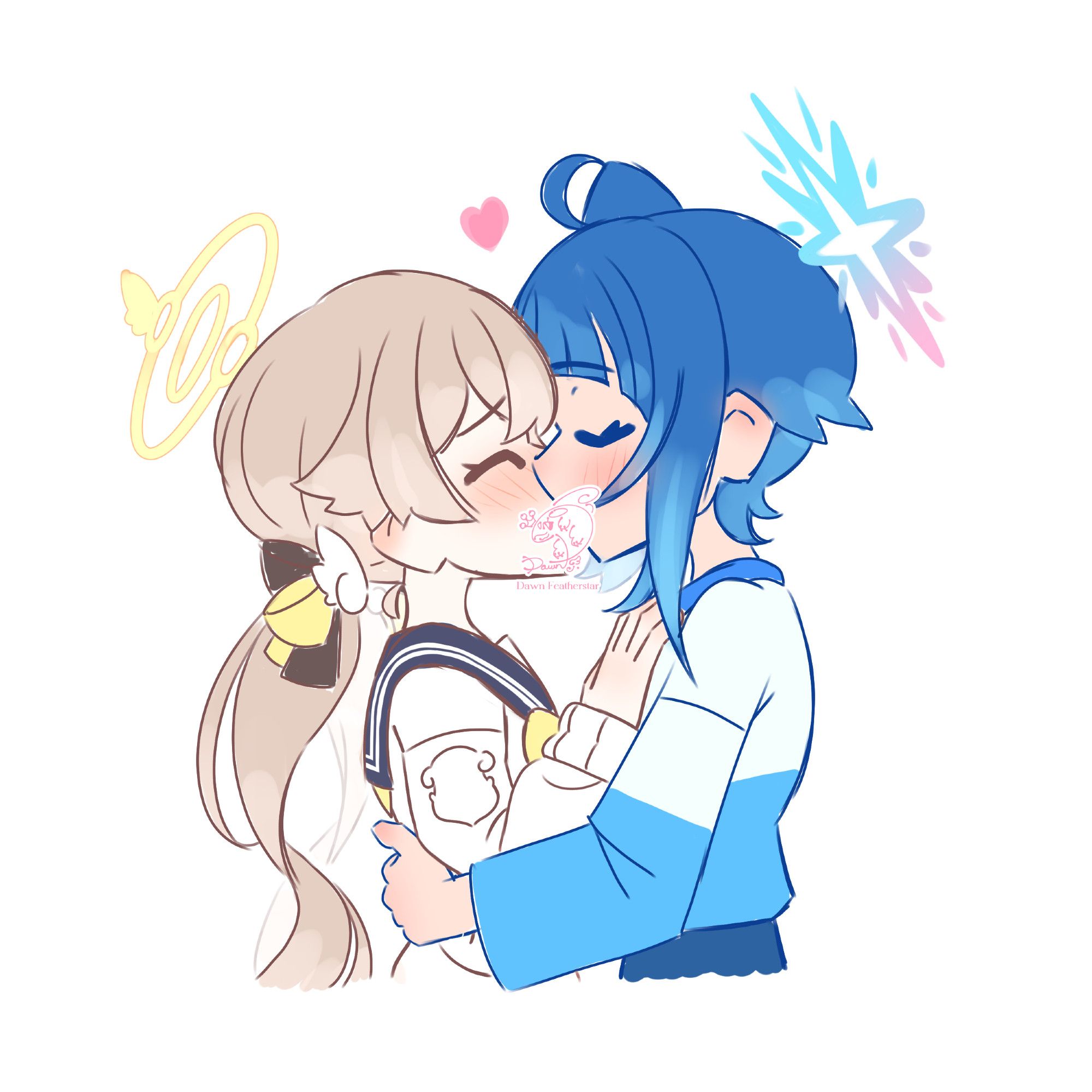 A drawing of Hifumi (Blue Archive) and Sora (Hirogaru Sky! Pretty Cure) kissing. A Blue Archive halo has been added on Sora just for comical effect.