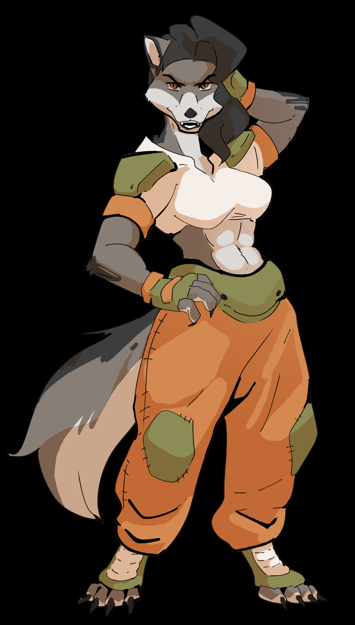 An anthropomorphic gray wolf woman wearing a bulky, protective orange and green top/pants and with an aggressive shoulder-length side-cut. She has one hand on her head and the other on her hip. This is an anthropomorphic version of the NPC Howl from the Lancer module In Golden Flame, a mech arena fighter. Art by KylynAzur.