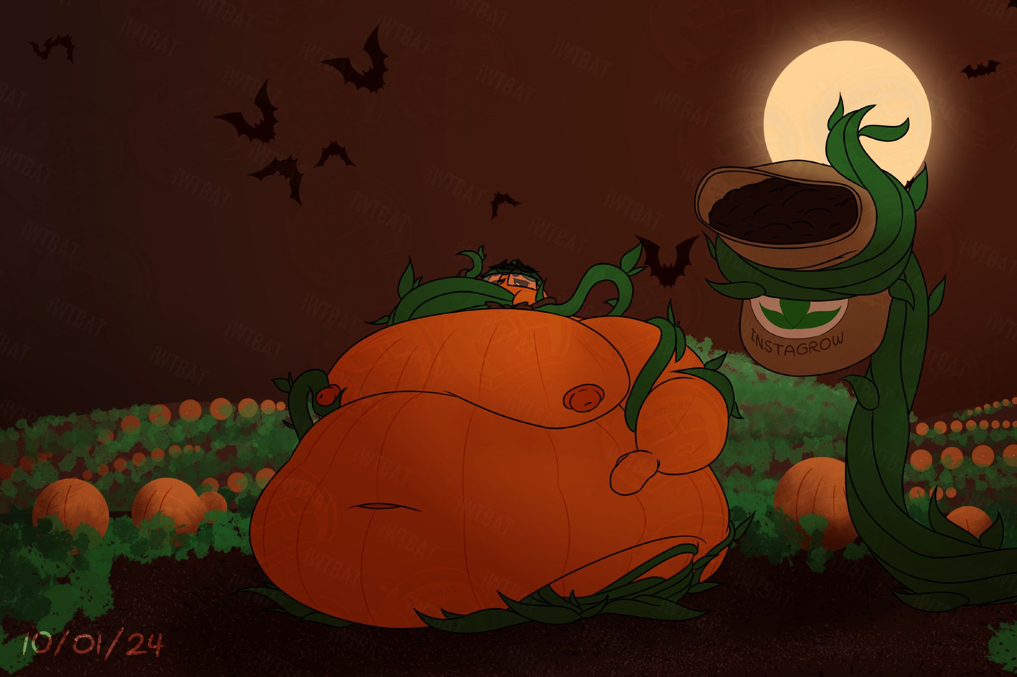 Part 4 of 6 in the pumpkin transformation + weight gain sequence.

Cal's body has already become entirely orange, and small ridges have formed around his flesh, which is now reminiscent of a pumpkin. The vines around his arms have let him go, reassured that the growing pumpkin can't do anything in this state. A few vines are doing their own things: some are still feeding Cal pumpkin goo, some are taking off his bowtie-- the last article of clothing that remained, and one is even cupping his thick nipple. Though it looks like his changes might have finished, that isn't the case as a bundle of vines brought over a sack of potent fertilizer...