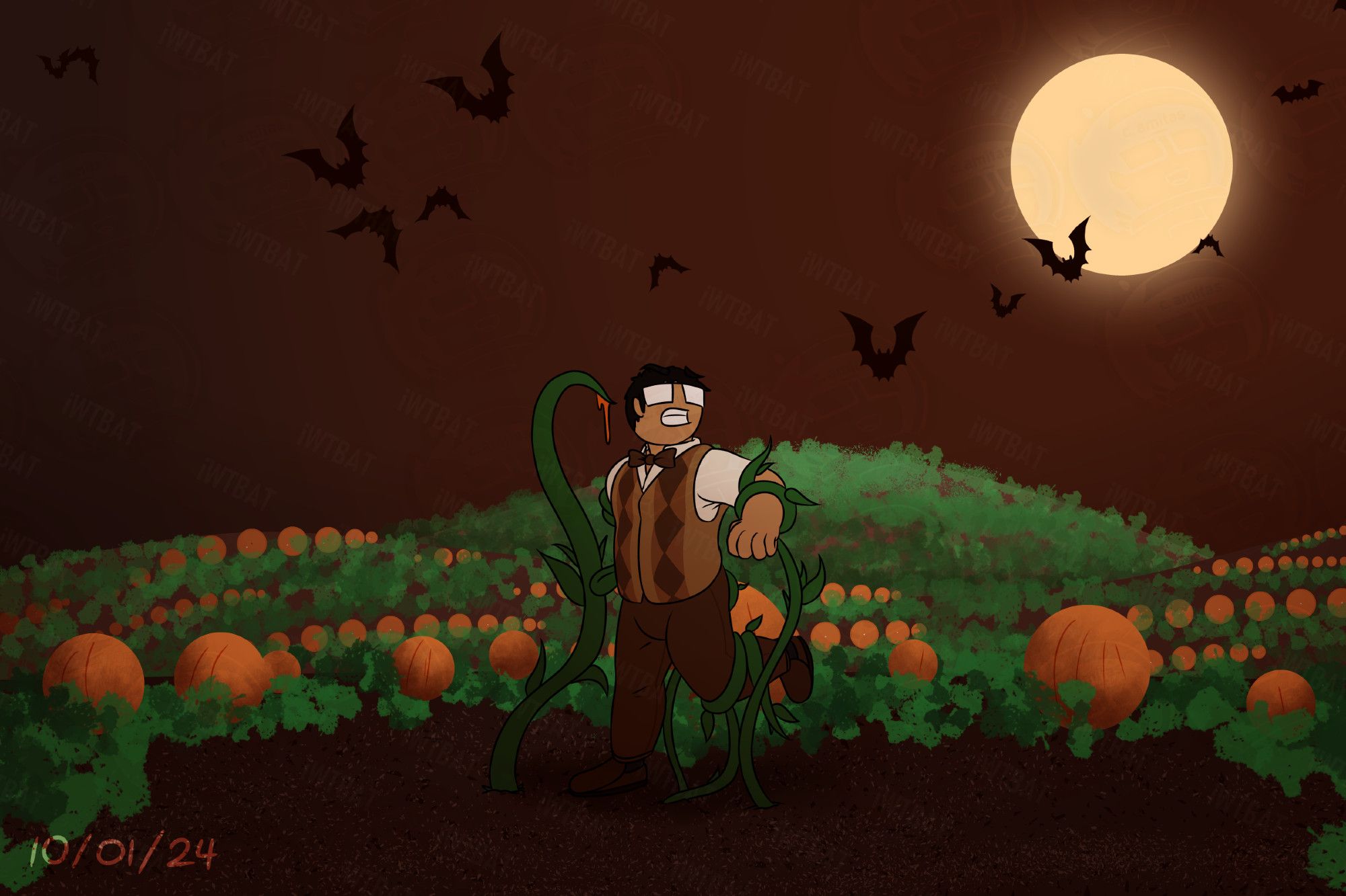 Part 1 of 6 in the pumpkin transformation + weight gain sequence.

Cal is being restrained by some vines shooting up from the ground, where there seemingly is an empty patch of soil amidst the filled field of pumpkins. One vine in particular is dripping an orange goop.