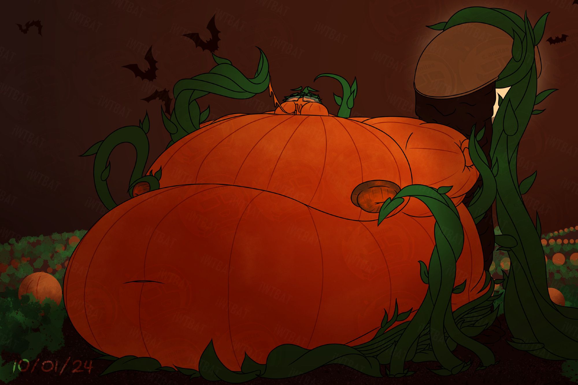 Part 5 of 6 in the pumpkin transformation + weight gain sequence.

Suddenly the bundle of vines emptied the sack of fertilizer onto the ground beside Cal, and the effects couldn't have been more drastic! Suddenly hit with a spurt of growth, Cal's body expanded and thickened, becoming more plant-like. More vines and leaves grew from where his belly rested, his nipples have hardened and taken on a woodier texture, and-- once the vine that had nursed him had broken free-- his mouth began to seal shut with the same pumpkin goo that filled him as glue.