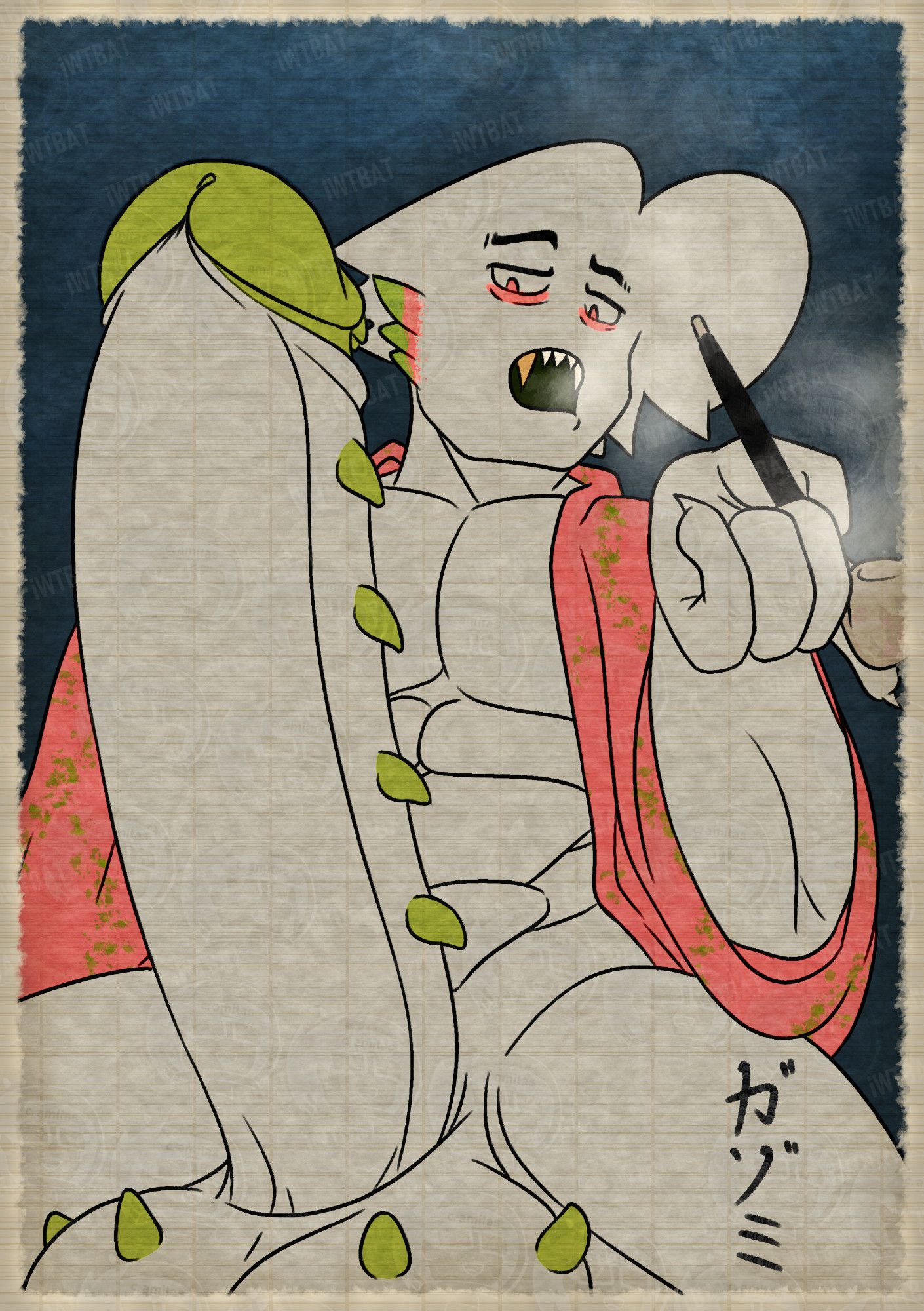 An ukiyo-e style drawing of Dragon Fruit Gazo smoking on his pipe, sitting down with a massive, spiked erection.