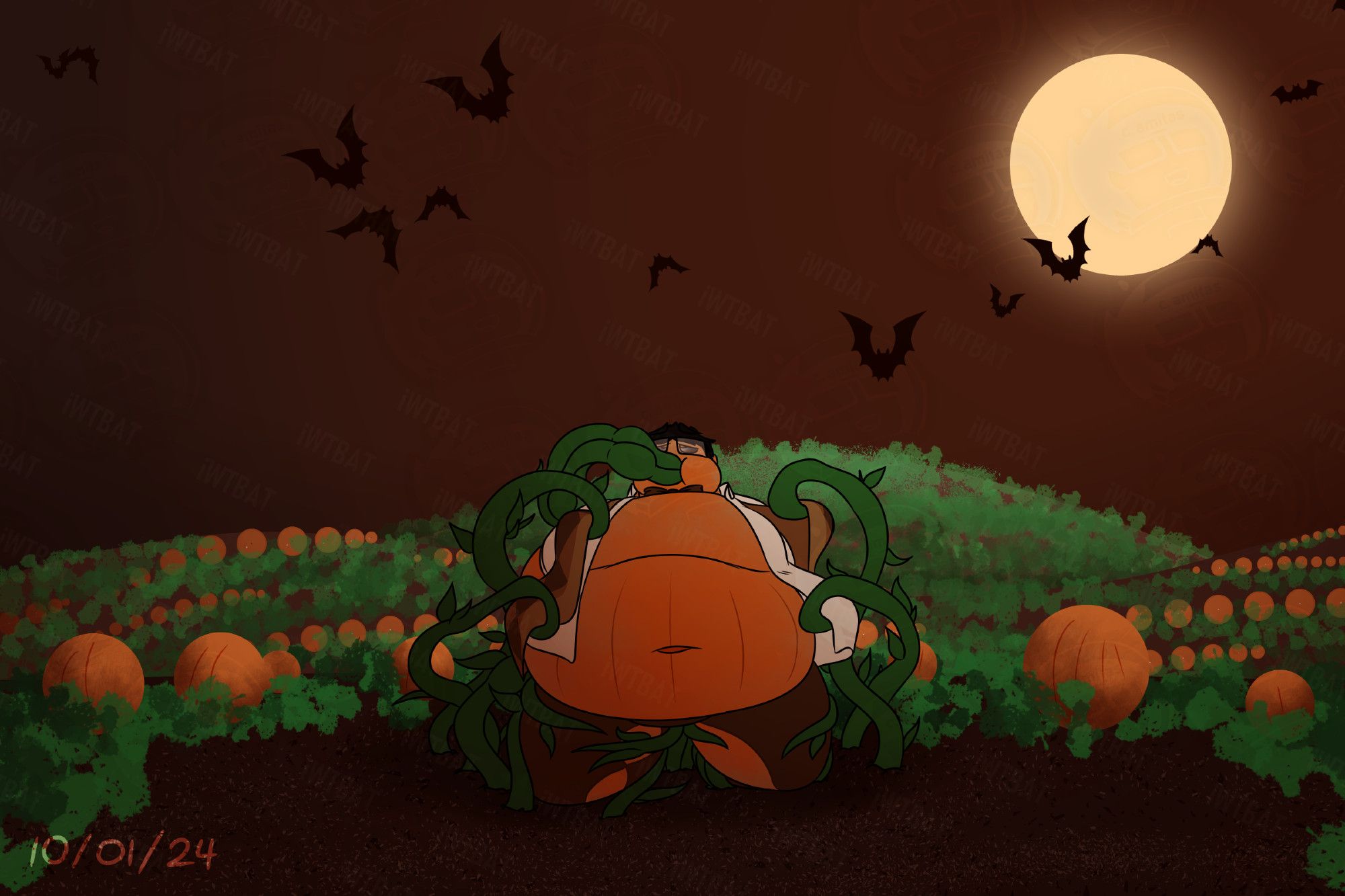 Part 3 of 6 in the pumpkin transformation + weight gain sequence.

At this point, Cal is filled with so much goo that his weight has already quadrupled, forcing him to kneel down. With his clothes slowly becoming unable to contain his growing orange flesh, some more vines helped in undressing the fattening lad. At least Cal's enjoying this, if the look on his face is any indication.