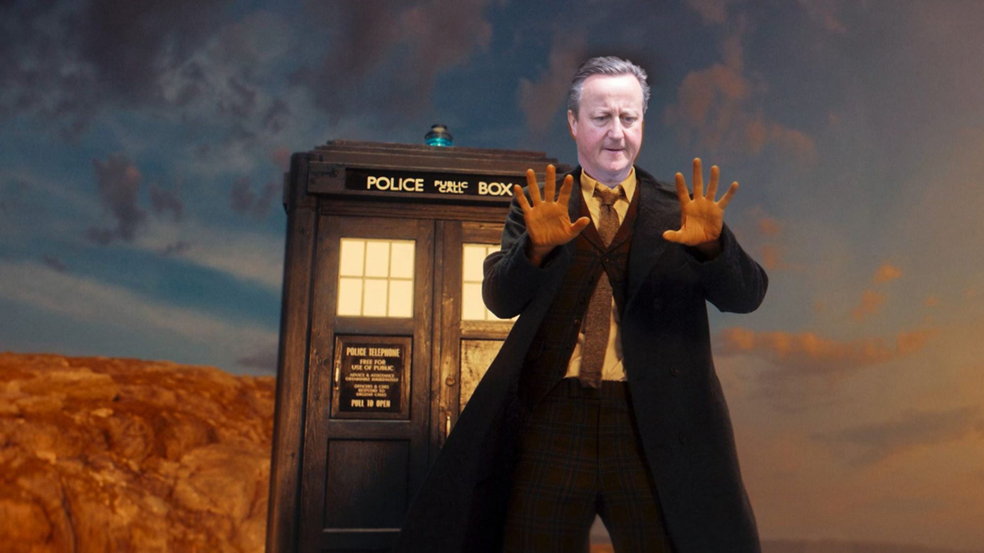 David Cameron's head clumisly photoshopped onto David Tennant's body in the 14th Doctor Who's regeneration scene