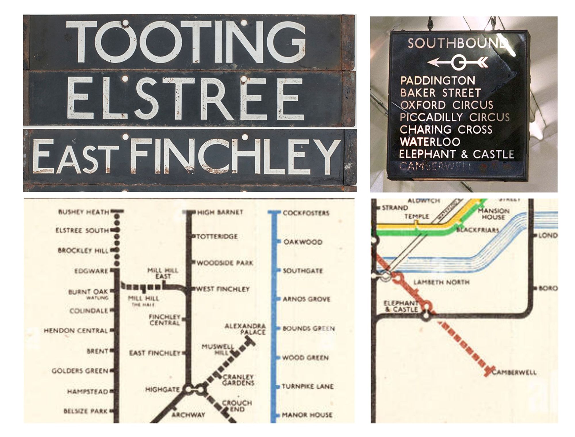 Train destination boards reading TOOTING, ELSTREE and EAST FINCHLEY. Illuminated platform destination baord for Bakerloo line including a partially painted over CAMBERWELL. Sections of the 1949 tube map showing Elstree and Camberwell which were never actually built.