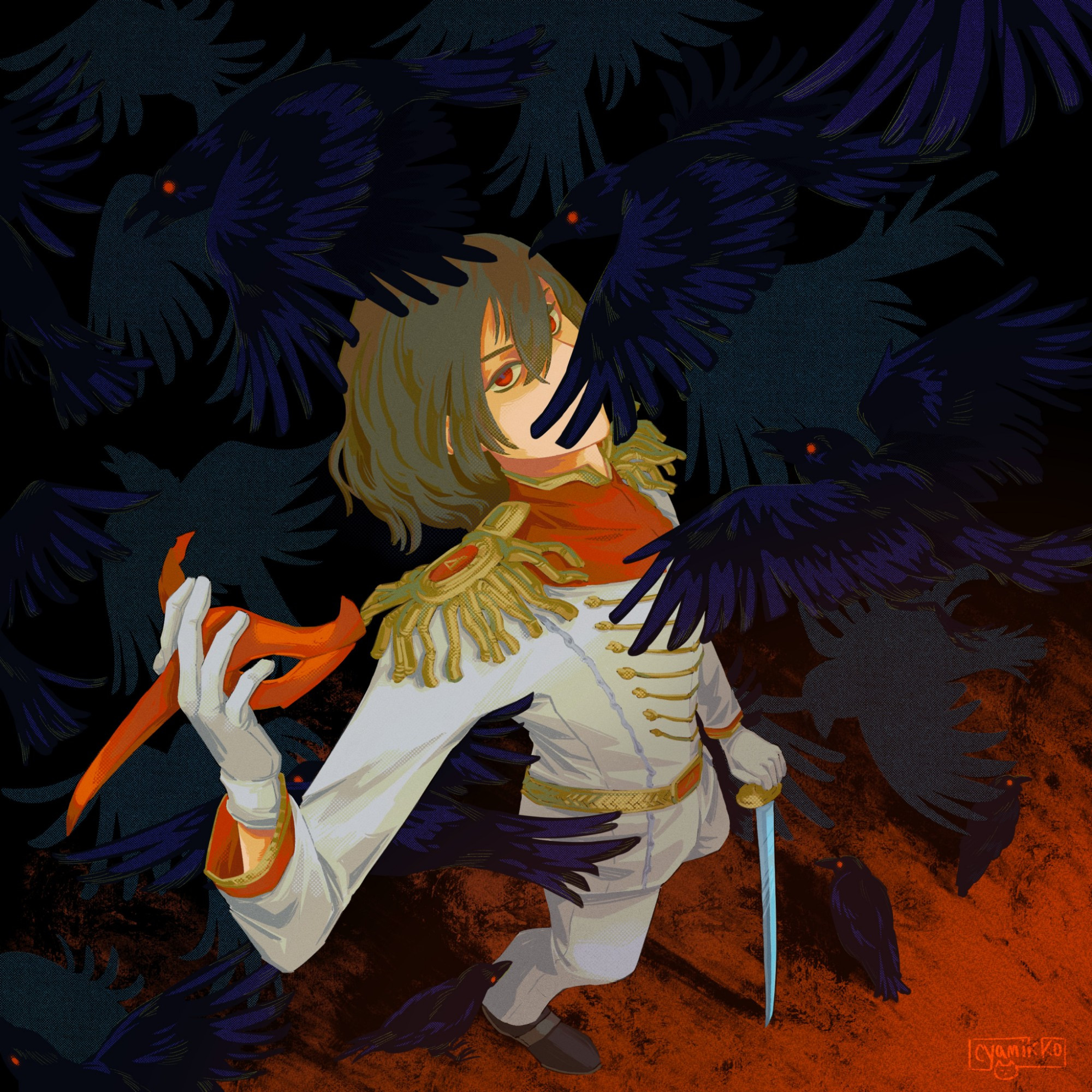 A digital painting of Goro Akechi from Persona 5. He is drawn against a black background in a top down perspective, staring up at the viewer. He is wearing his Robin Hood persona outfit. He clutches his mask in his outstretched right hand, and his left hand is leaning on his sword. All around him are flying crows, rendered in dark and saturated blues; the lower half of his face is obscured by a crow's wing. In the bottom right of the image, there is a stark splash of saturated red lighting, almost resembling blood.