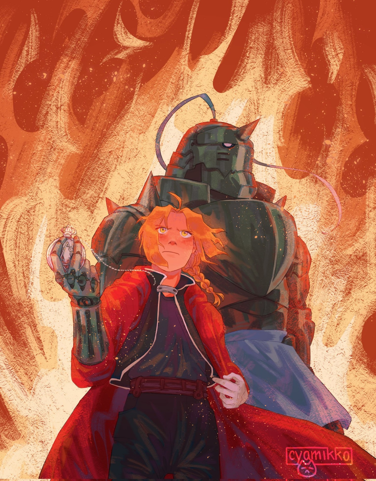 A digital painting of Edward and Alphonse Elric from Fullmetal Alchemist. Edward stands with his automail arm outstretched and holds his pocketwatch with a grim expression; Alphonse is behind him. They are surrounded by a blazing inferno.