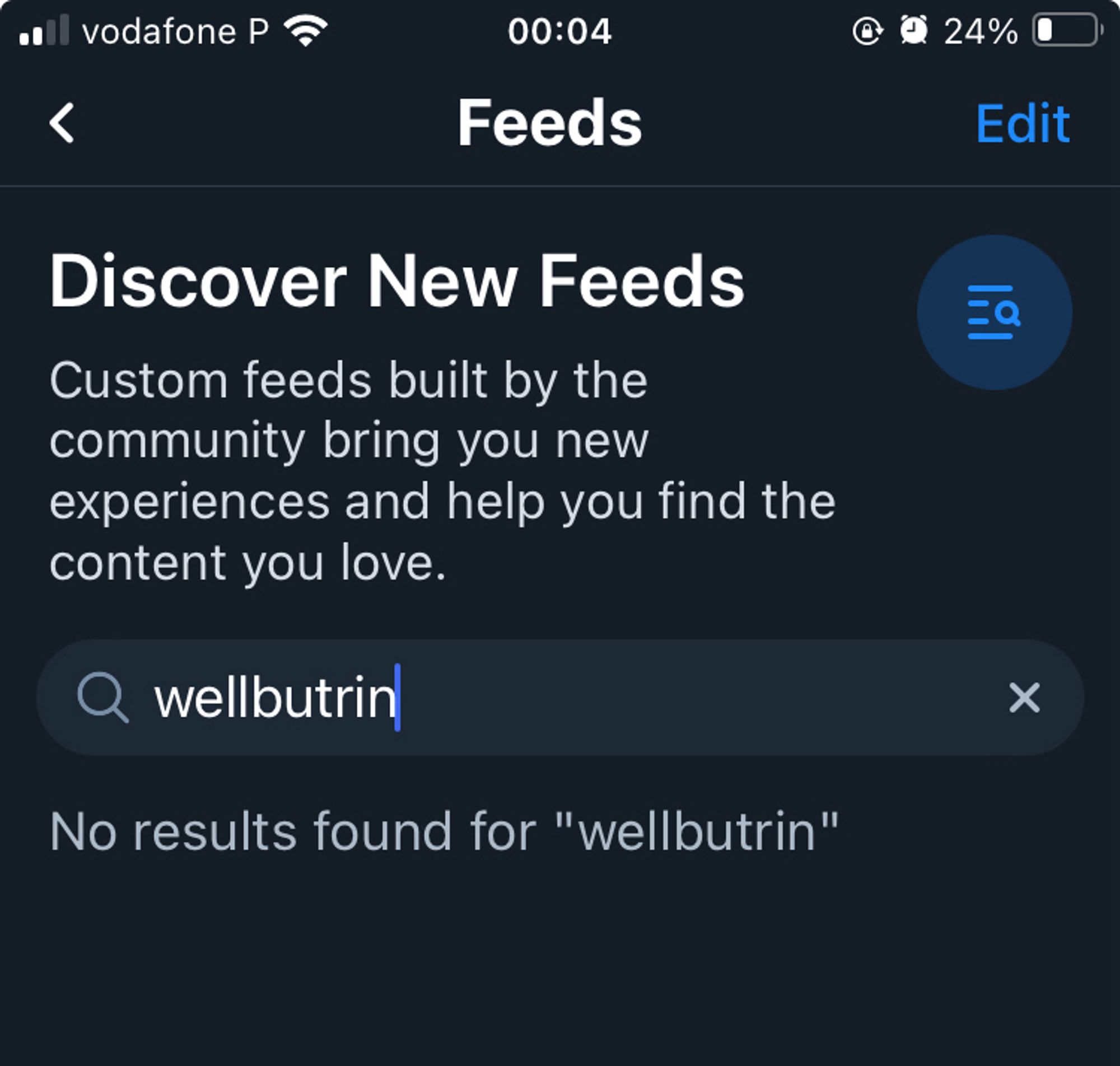 a search in the discover feeds section of bluesky saying “wellbutrin” returns no results