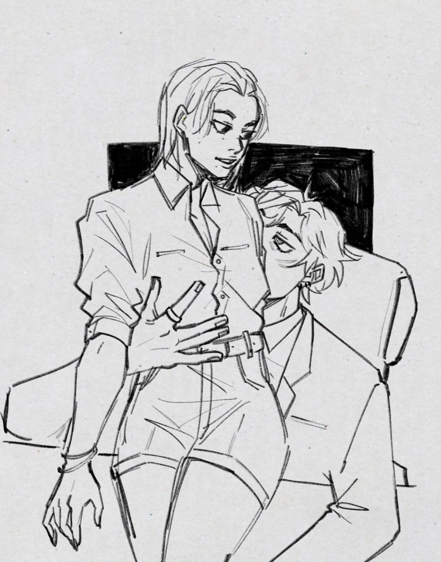 a pencil sketch of vahe and titus. titus is sitting at his desk, his vahe leaning on it, as titus’s hand rests on his waist. they’re both looking at each other, with titus’ face being partially obscured by vahe’s body. titus is wearing the same suit, while vahe is wearing a blouse that’s tucked into his shorts. he is wearing two bracelets and has long nails. vahe’s face and body is covered in small beauty marks.