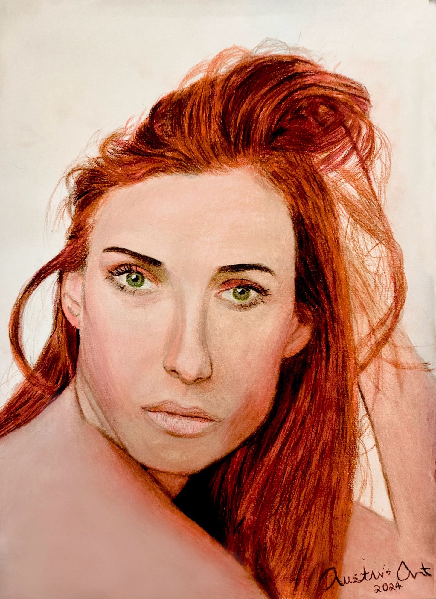 A painting of a woman. Done by Austin’s Art in Colored Pencils.