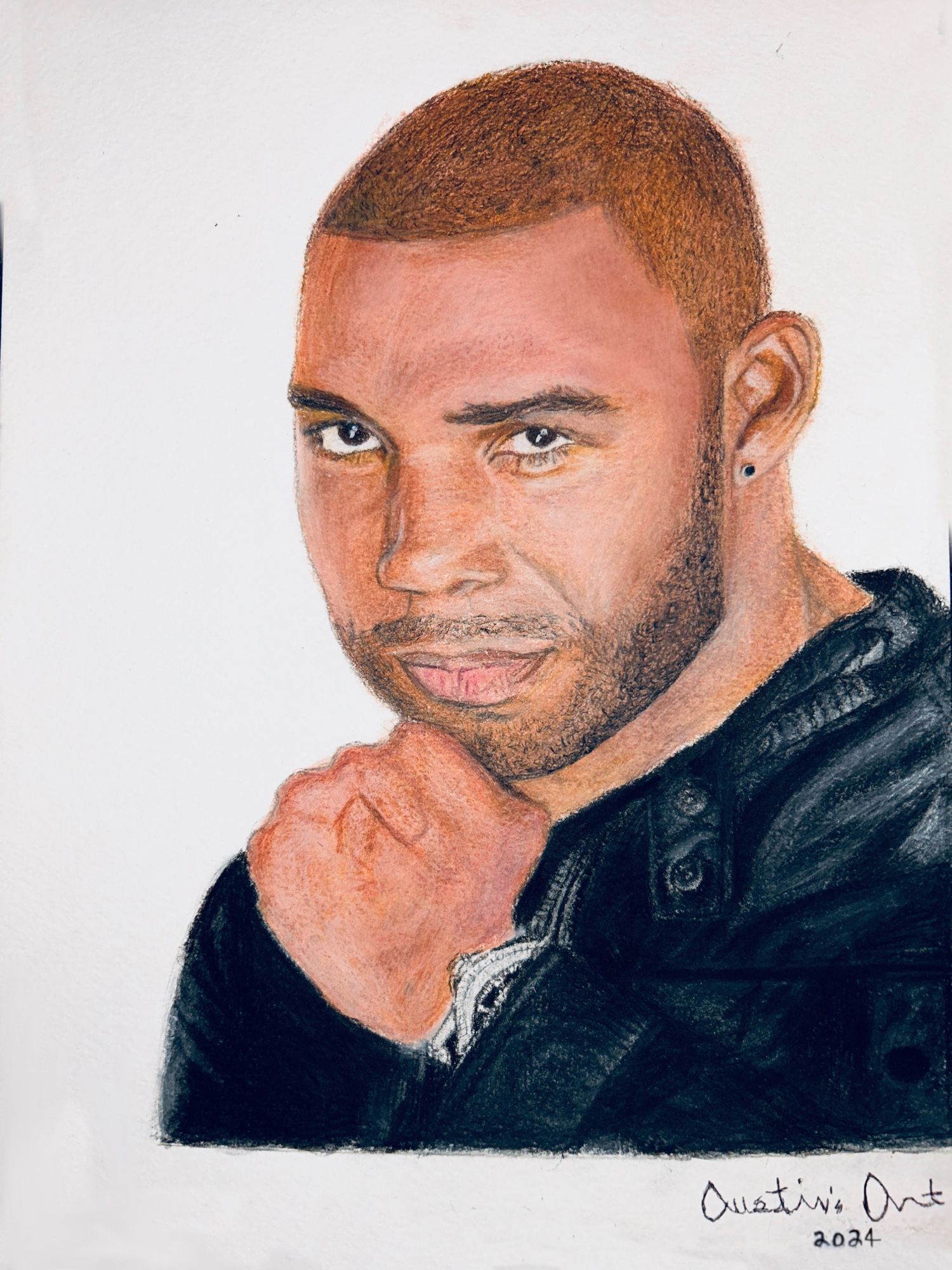 A painting of a man in a leather jacket. Done by Austin’s Art in colored pencils