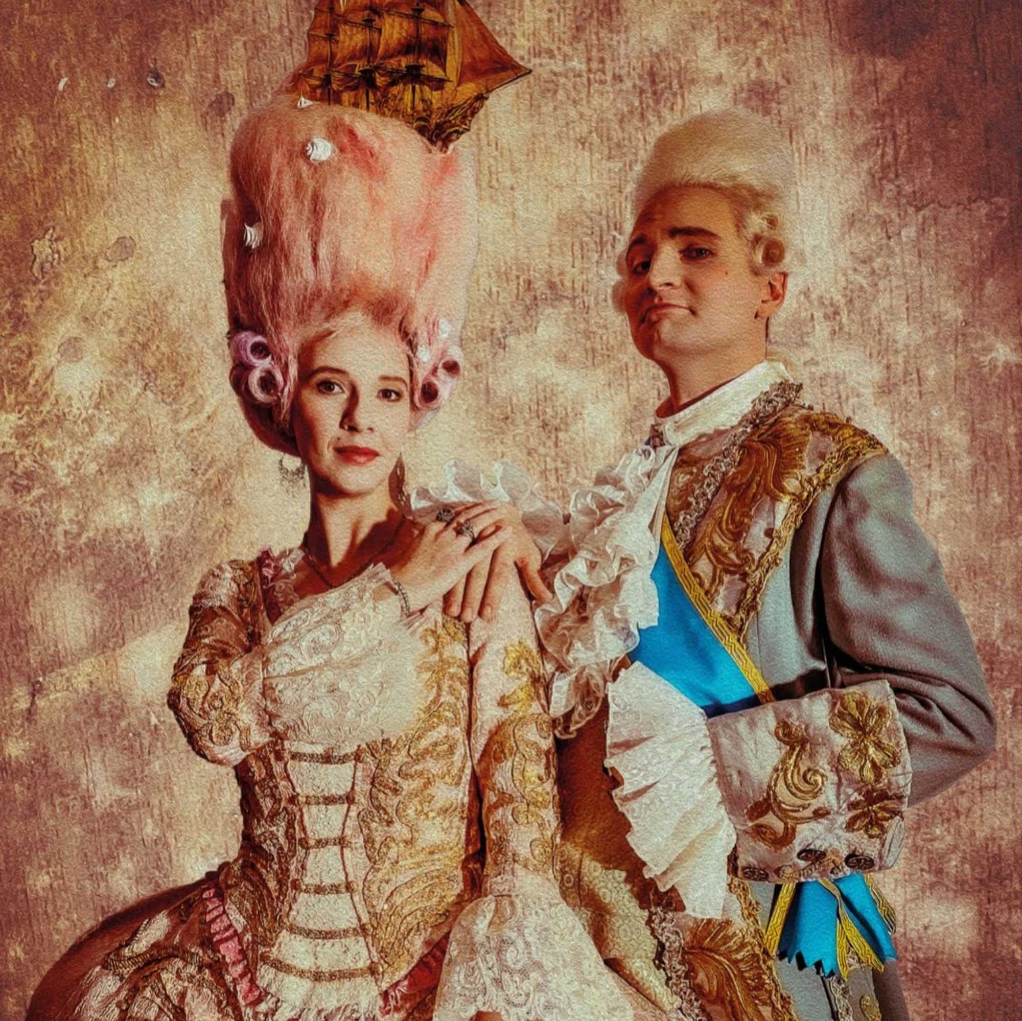 Die Ensemblemitglieder Wendy Krikken und Franz Schilling in historischen Kostümen und Maske als Marie-Antoinette und ihr Mann König Ludwig XVI.