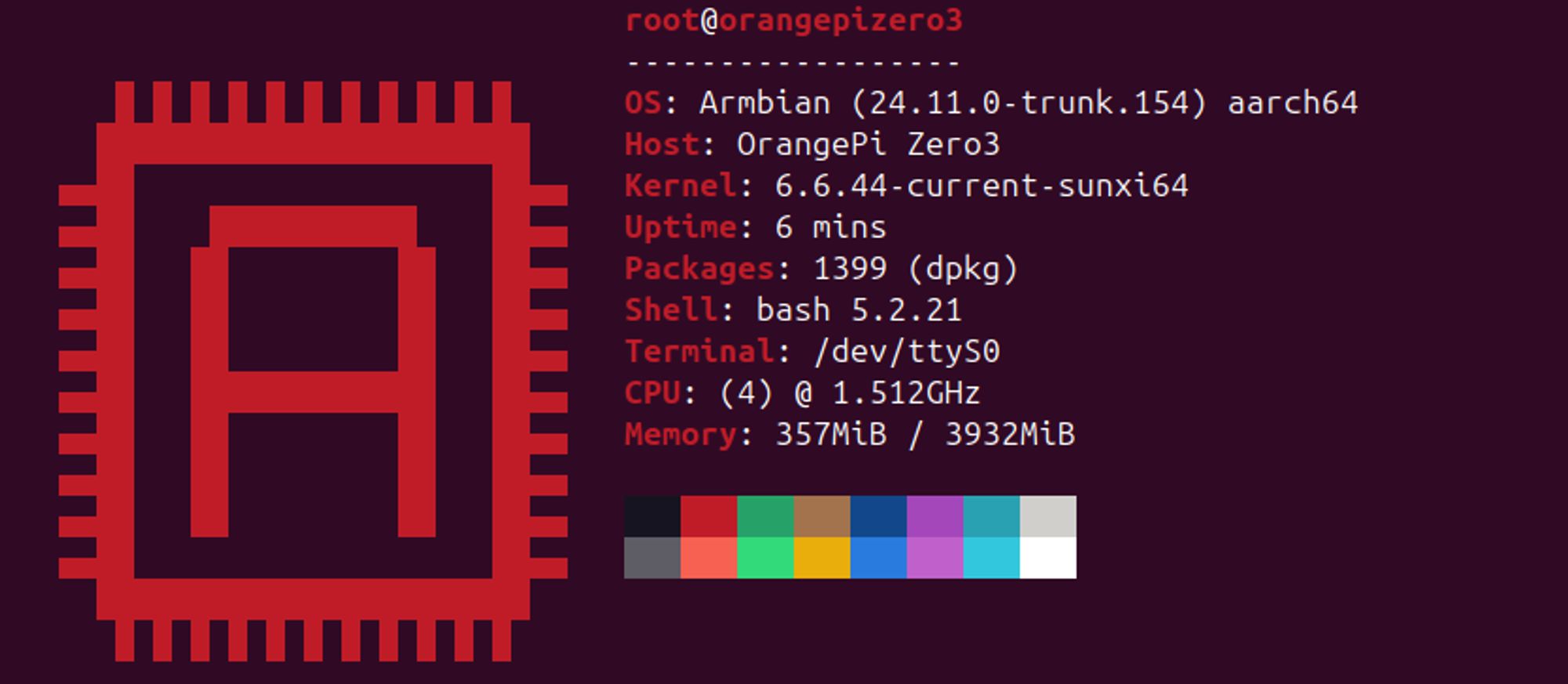 A imagem mostra a saída do comando neofetch em um Orange Pi Zero 3, com 4G de RAM, CPU H618 Allwiner quadcore arm64 rodando sistema Armbian como detalhado abaixo

OS: Armbian (24.11.0-trunk.160) aarch64 
Host: OrangePi Zero3 
Kernel: 6.6.44-current-sunxi64
Uptime: 16 mins
Packages: 1404 (dpkg)
Shell: bash 5.2.21 
Terminal: /dev/pts/1
CPU: (4) @ 1.512GHz
Memory: 348MiB / 3932MiB

Adicionalmente ele possui Wi Fi e Bluetooth
