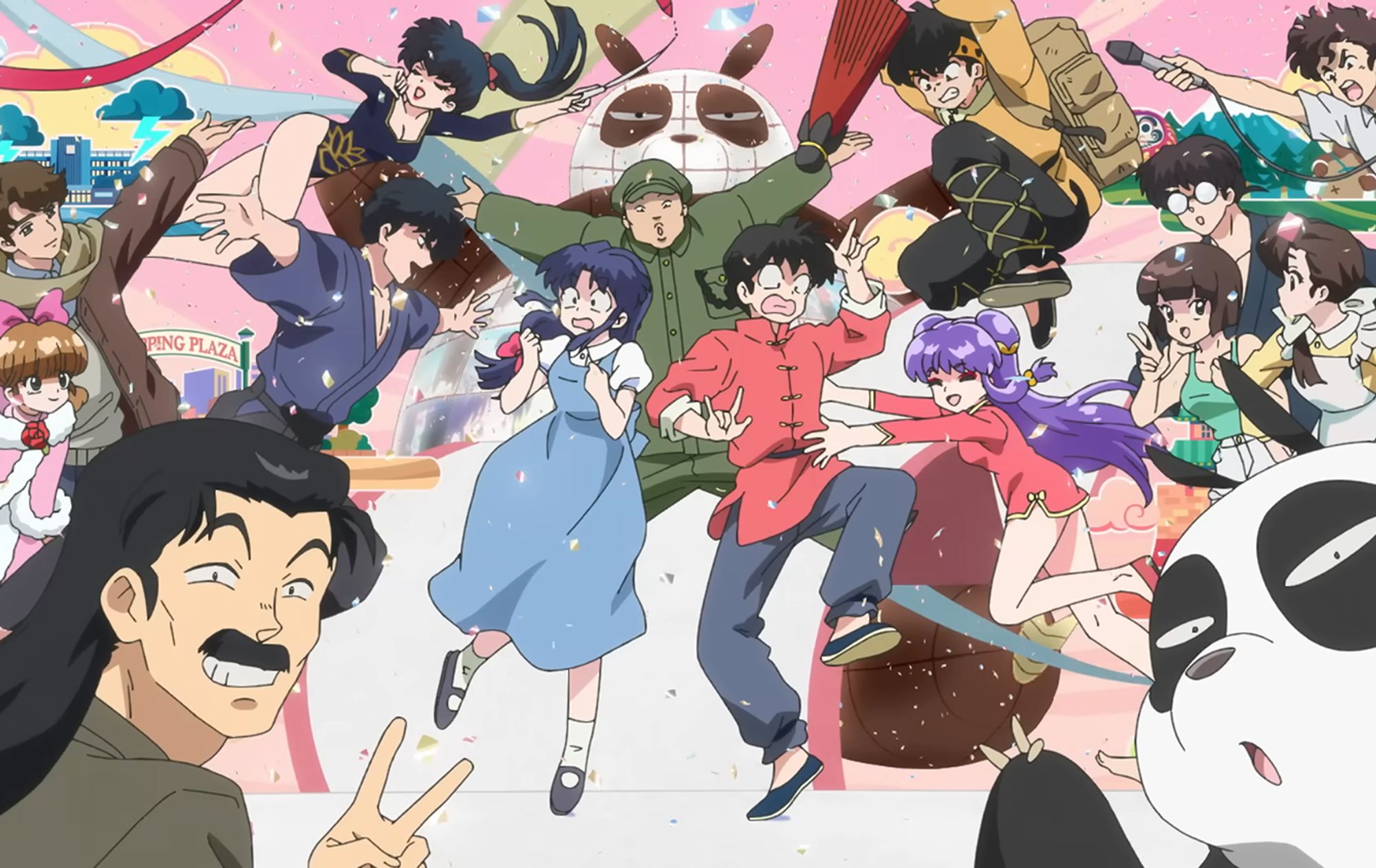 imagem: cena da abertura de Ranma ½, com vários personagens reunidos