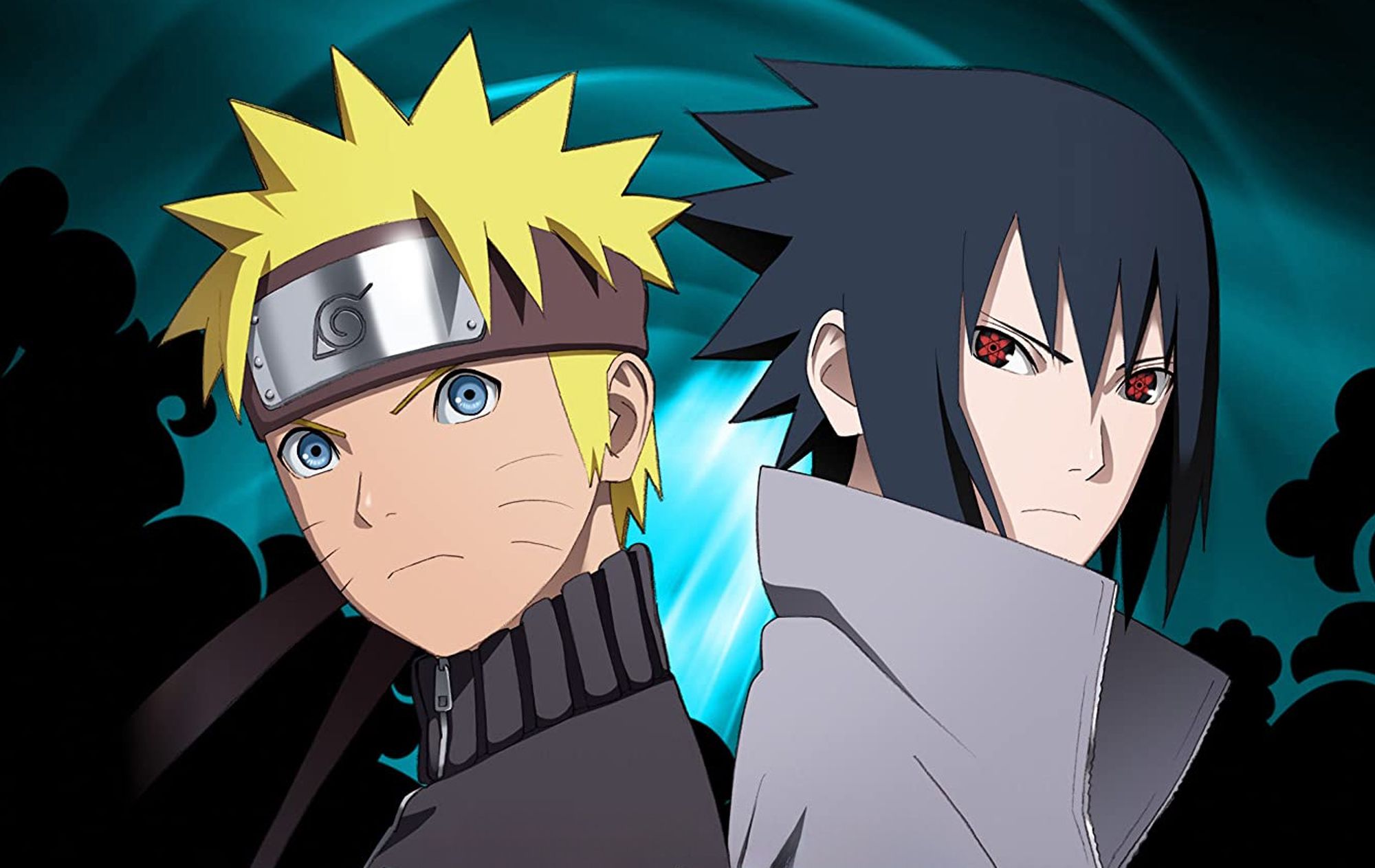 imagem: ilustração com Naruto e Sasuke de costas um pro outro