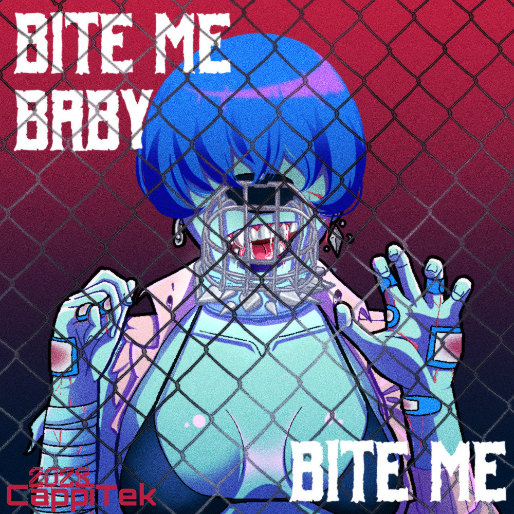 A digital illustration of a character holding onto a chain link fence. They're baring their teeth and tongue behind a muzzle while wearing a spiked collar. The image is stylized with blues and reds. Their skin and hair are blue, their jacket pink, and the tongue and teeth normal colours. 

They're bandaged, and injured. And wear a crop jacket that's torn on one arm, bikini top, and silver earrings. The background is a gradient dark red to dark blue and the words "Bite me, baby. Bite Me" are in the top left and bottom right corner.