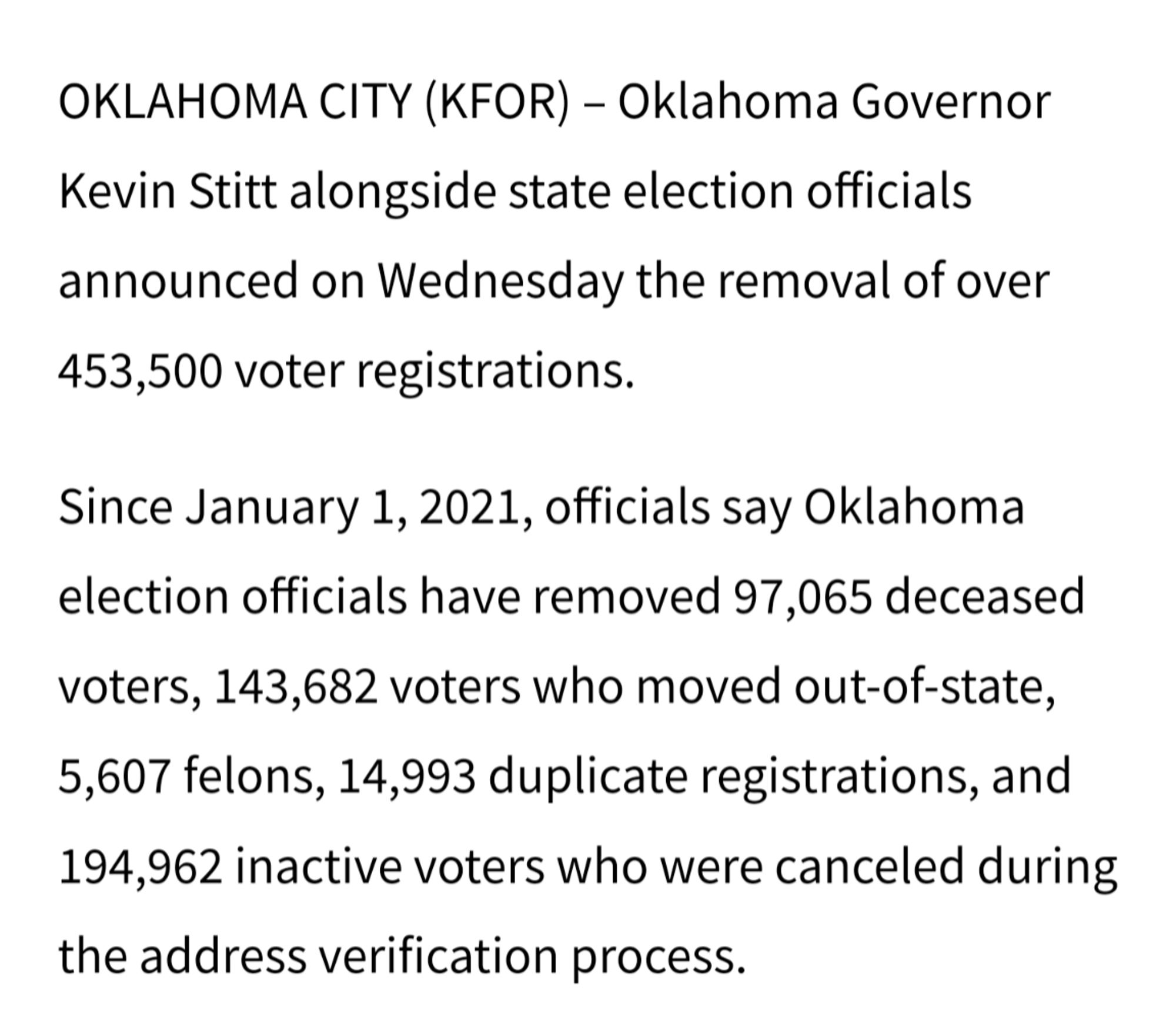 Since January 1, 2021, officials say Oklahoma election officials have removed 97,065 deceased voters, 143,682 voters who moved out-of-state, 5,607 felons, 14,993 duplicate registrations, and 194,962 inactive voters who were canceled during the address verification process.