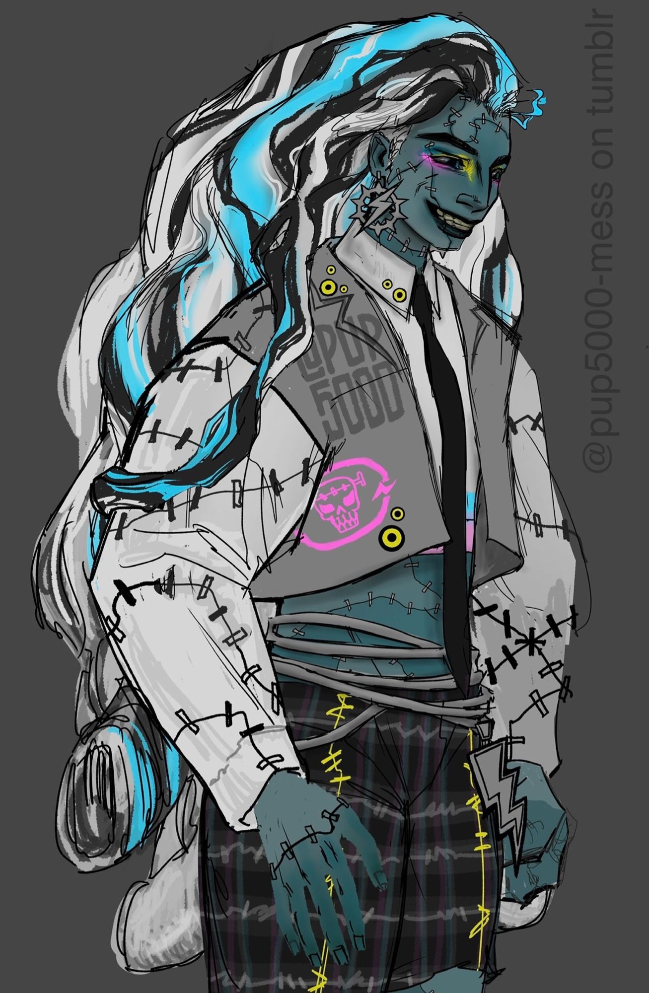 a digital fanart of character Frankie Stein from Monster High g3: they are a non-binary franken-monster; they have dark, blueish-gray skin with stitching all over. white&black, striped, voluminous wavy hair resembling the flow of water. they’re wearing a cropped, white button up with a blue and pink stripes on the bottom & a black tie. a cropped grey&white jacket on top with black-on-white stitch patterns all-over their sleeves. black plaid pants, with two yellow stitched-lines vertically placed in the middle on each leg, their left pant is torn into a short to accommodate their prosthetic leg.  
their have big hands, with dark-gradient fingers, right palm is pressed against their right thigh, left palm is curled into fist-shape (tho they are not angry. their facial expression is: happy, exited)
they makeup on: yellow highlighting the inner corners of their eyes and nose-bridge, pink highlighting their bottom lids, and they have black, slightly smeared lipstick.…