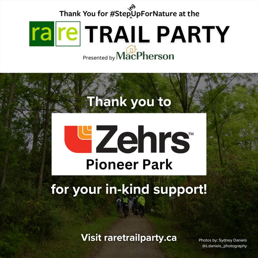 A card thanks Zehrs for their in-kind support of rare's Trail Party this past Sunday, featuring a forest path background.