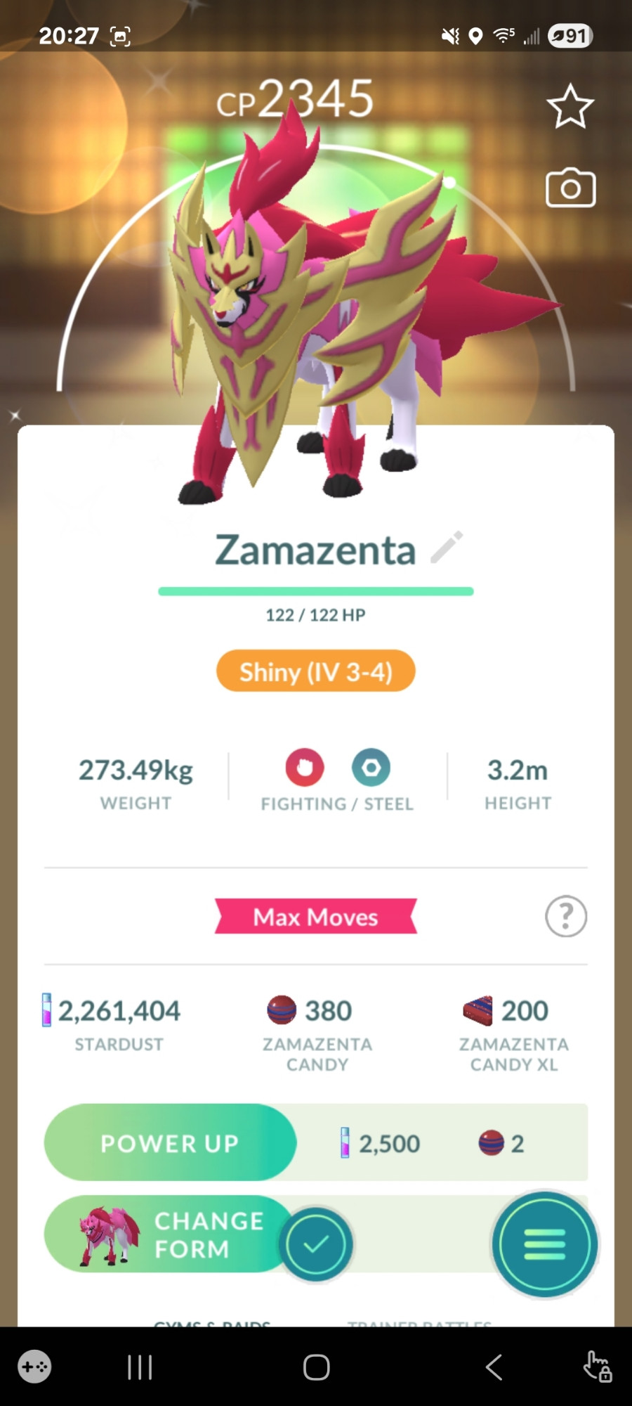Image of the same Shiny Zamazenta but now in Crowned Shield form(e)