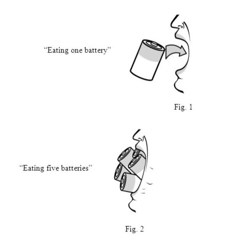 Old diagram says eating one battery then picture of open mouth with arrow by big battery pointing into it, next says eating five batteries with five crammed into an open mouth, this is an old homestar runner webtoon reference