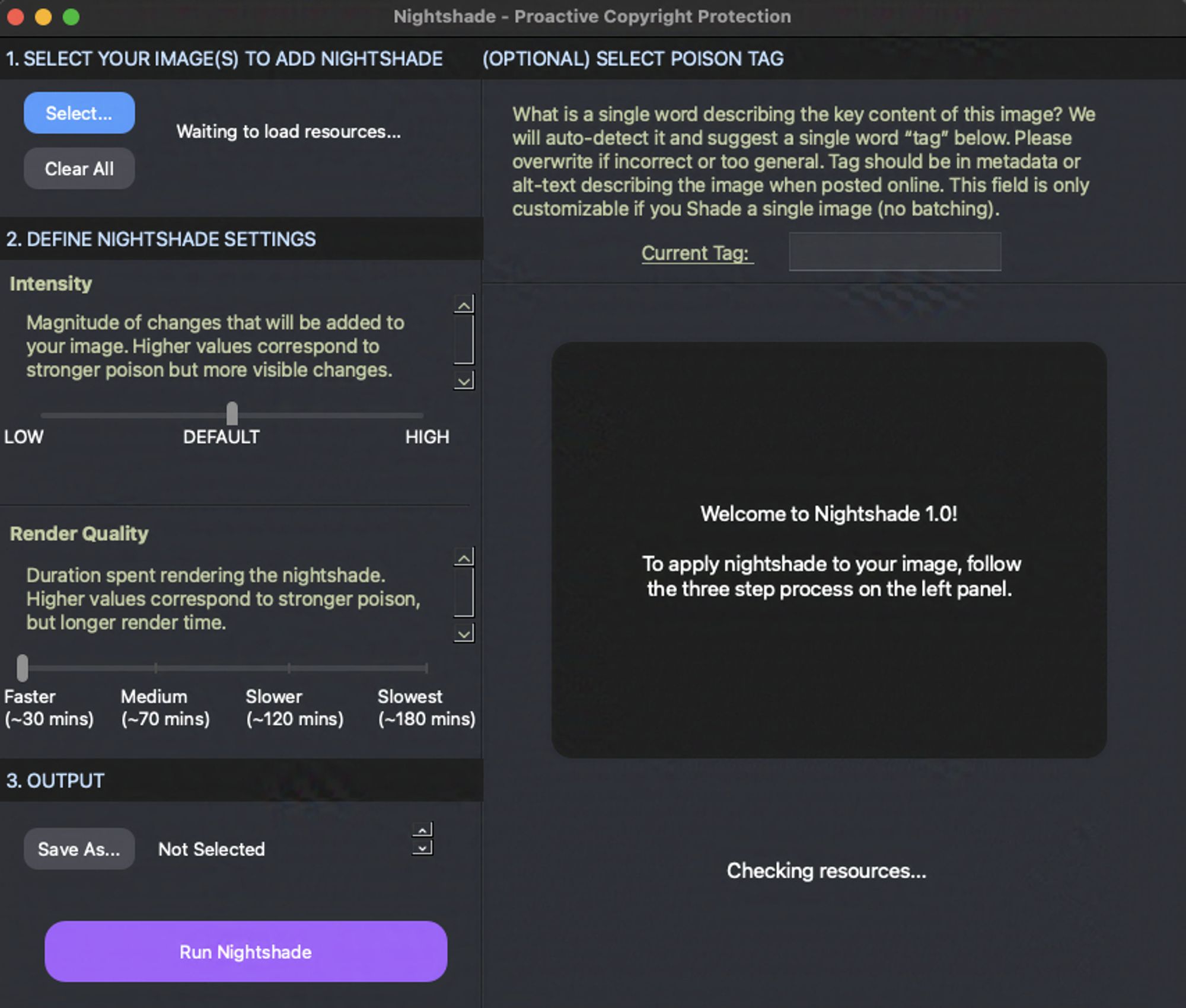 interface for nightshade showing intensity and render quality sliders, file selection and export folder