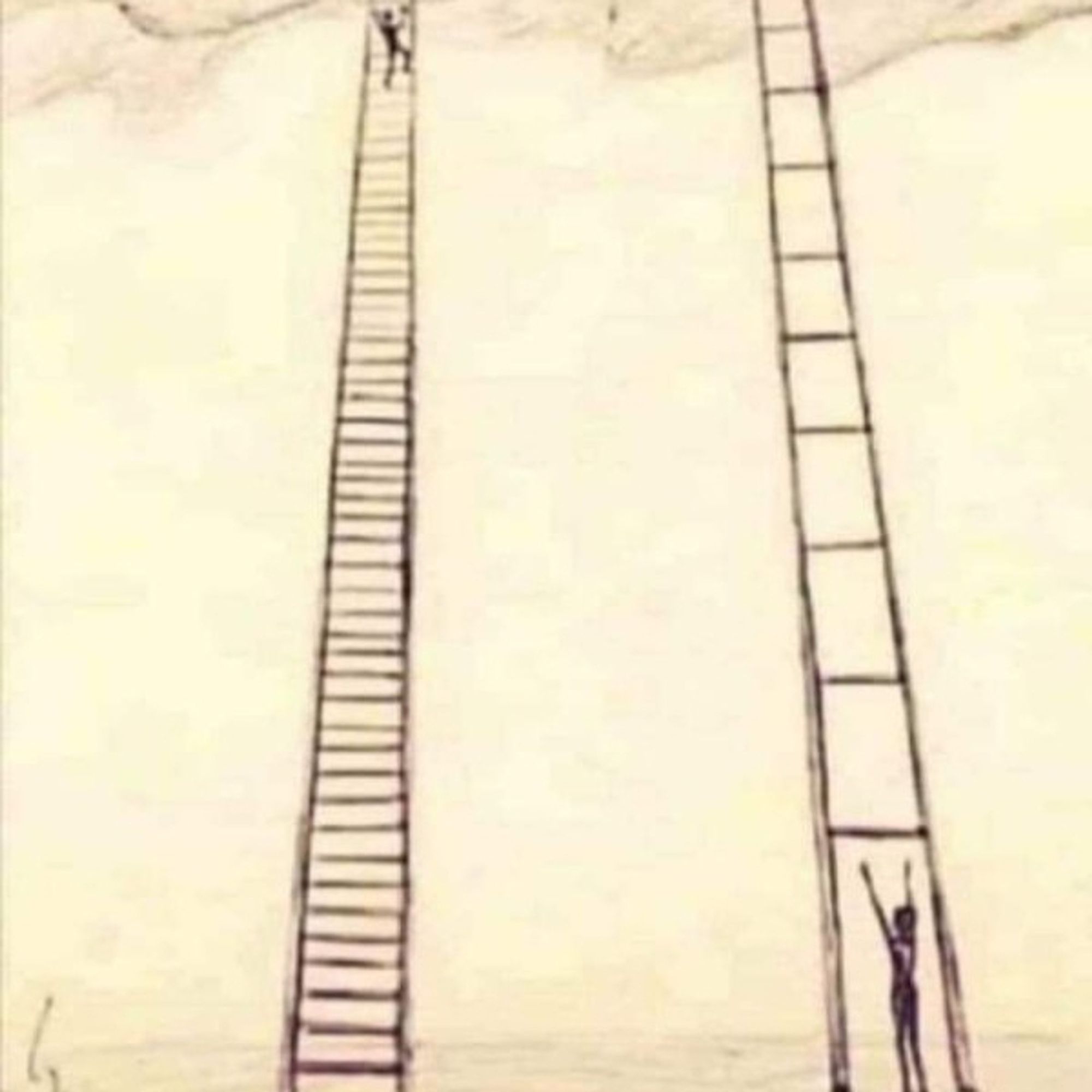 two people climbing ladders one has close rungs and a person high up, the other is reaching up trying to grab the first rung. This is a cheesy image that makes the rounds in business or self help circles and has for so many years I was unable to find a source artist through reverse image search, but not for want of trying because though it's a cliche point and this image is overused online I think it conveys the point visually very clearly