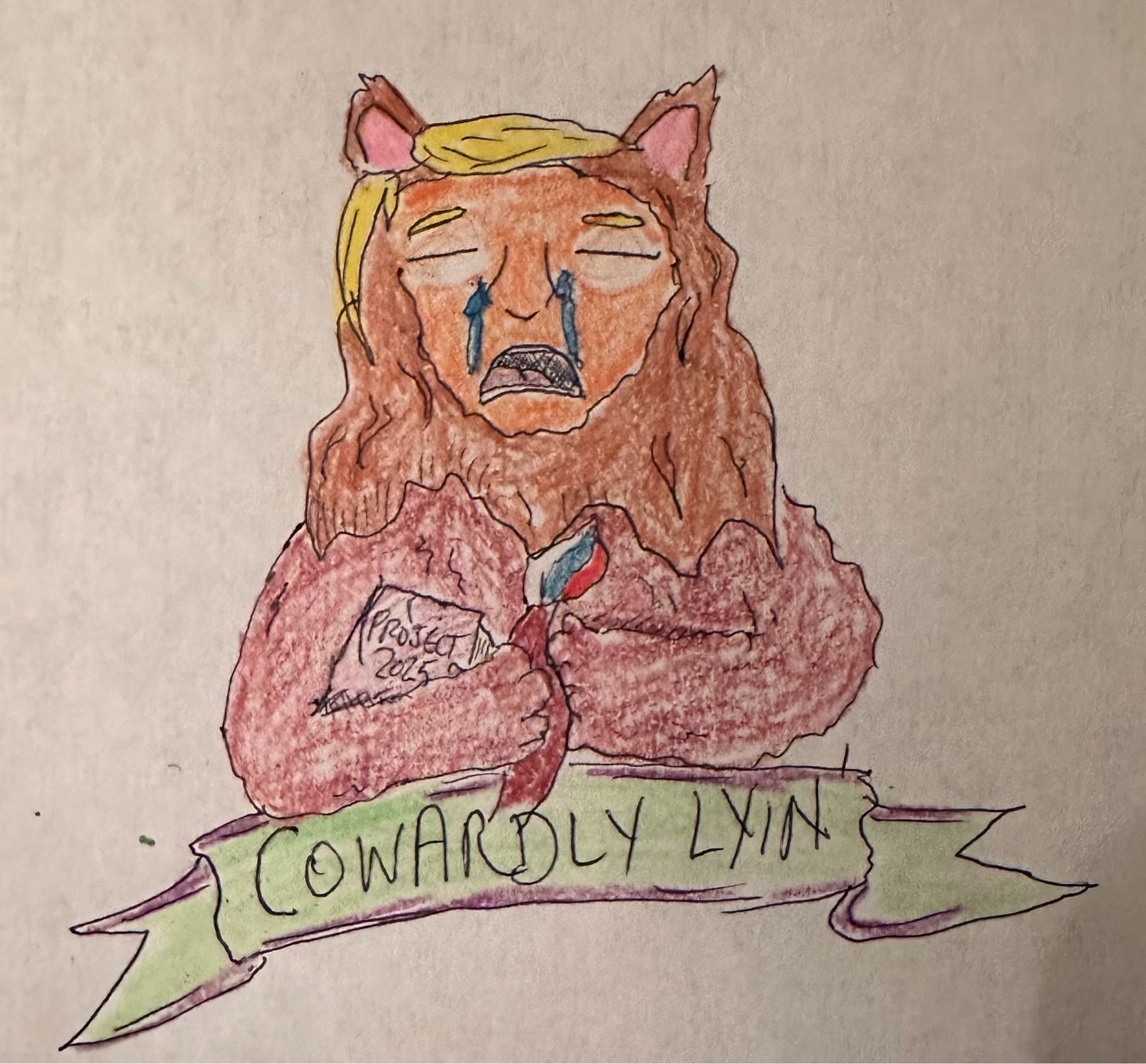 Donald Trump as the cowardly lion holding a copy of Project 2025 and playing with his Russian themed tail.