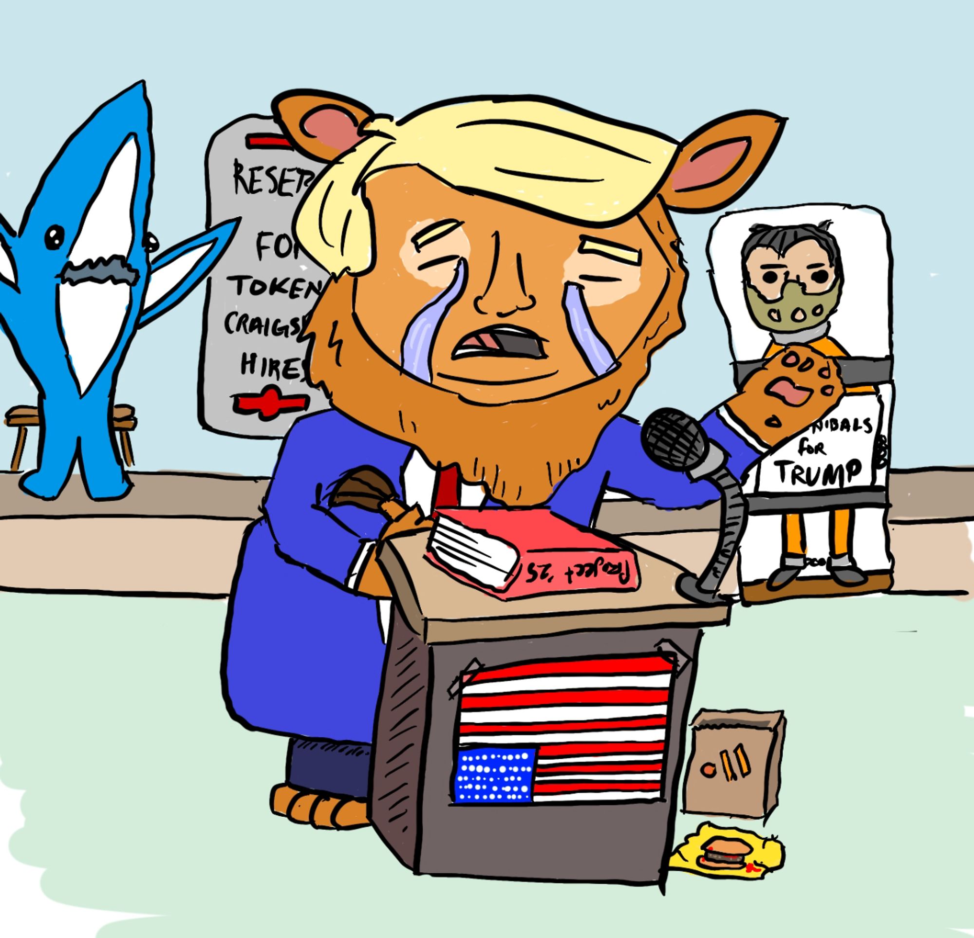 Donald Trump dressed as the cowardly lion. Left shark, an empty space marked "Reserved for Token Criaglist Hires", and Hannibal Lector stand behind him.

Trump is giving a speech at a tiny podium, crying from his cowardice. He forgot to put away his Project 2025 book when he hastily hung his American flag upside down.

He didn't even have time to finish his lunch: A hamberder from the Russian version of McDonalds (since McDonalds withdrew from Russia over the genocide in Ukraine).