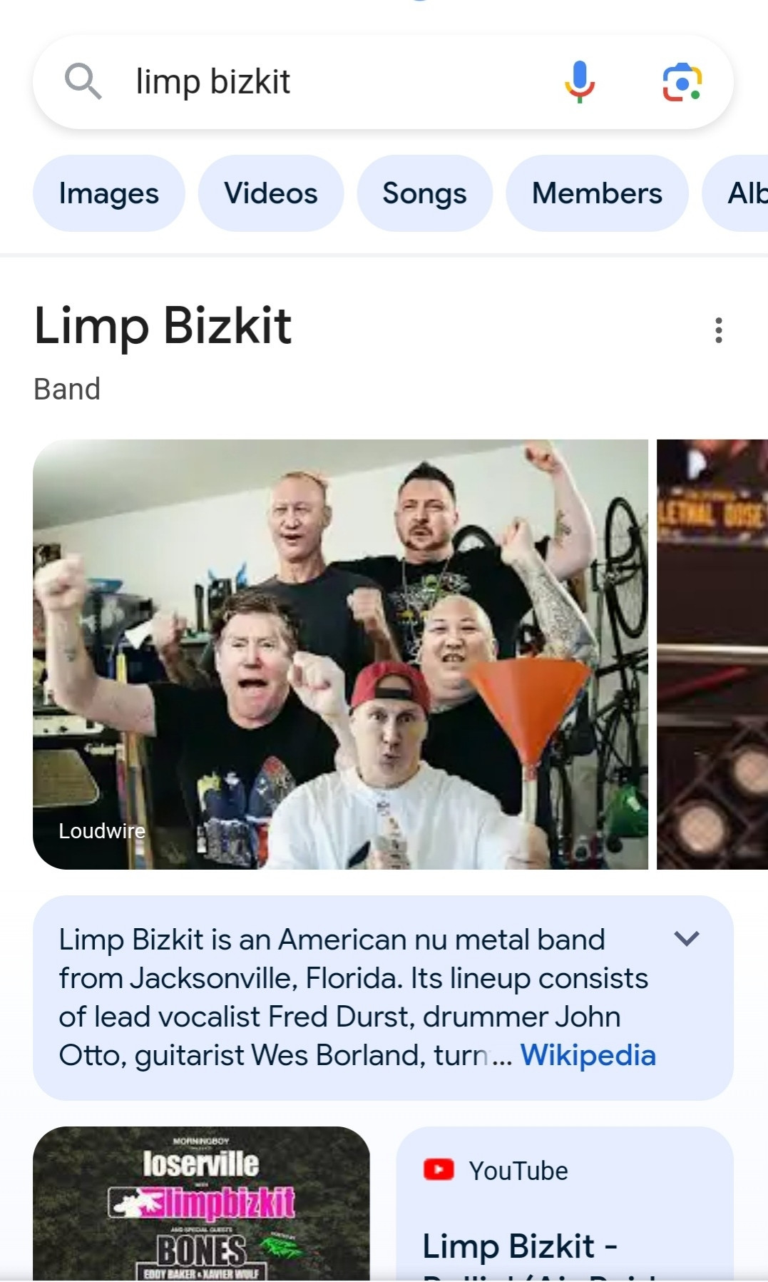 A Google search for Limp Bizkit. The top image is one where the band's faces have been photoshopped to feature Biden, But in, Kim Jong-Un, Zelenski and Xi Jingping.