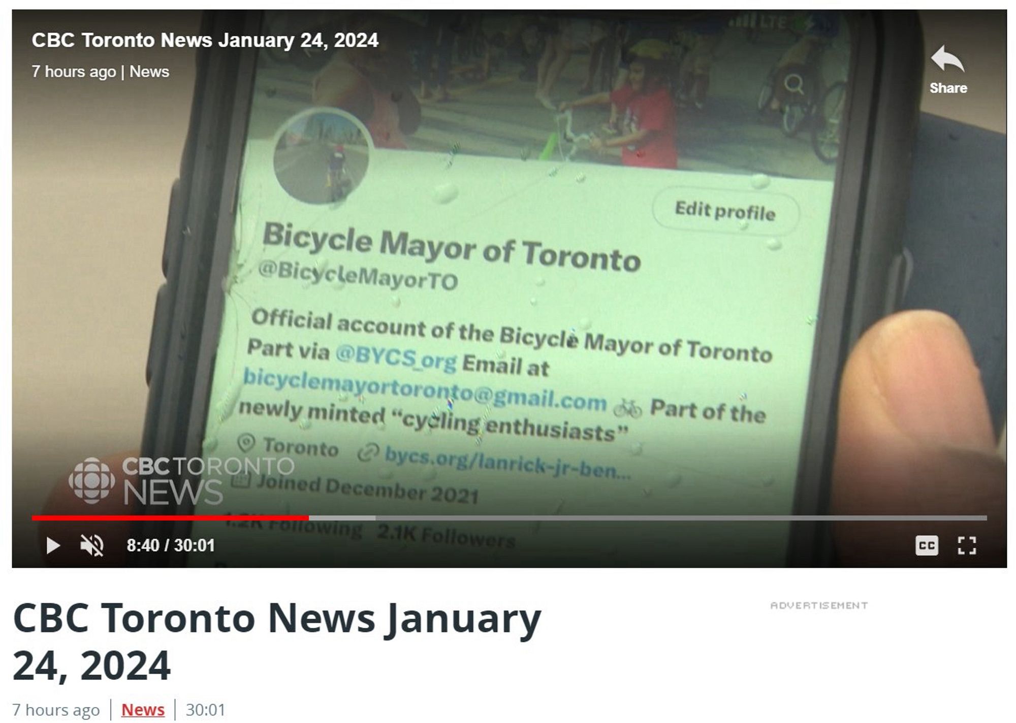 Image with me holding my phone

"Bicycle Mayor of Toronto
@BicycleMayorTO
Official account of the Bicycle Mayor of Toronto Part via 
@BYCS_org
 Email at bicyclemayortoronto@gmail.com 🚲  Part of the newly minted “cycling enthusiasts”
Torontobycs.org/lanrick-jr-ben…Joined December 2021"