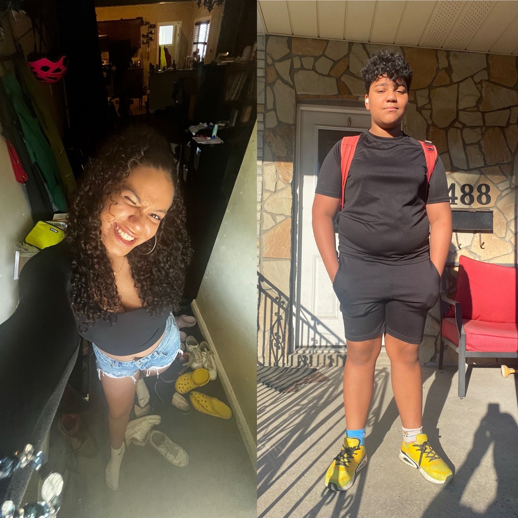 Image of my daughter and son on their first days of school. Zoë indoor picture black top with blue jean shorts. Jackson outdoor picture black top with black shorts and yellow shoes