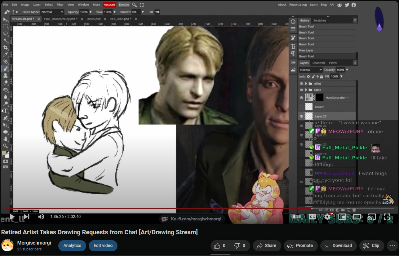 Screenshot of a YouTube video titled "Retired Artist Takes Drawing Requests from Chat [Art/Drawing Stream]" from Morgischmorgi. The video itself shows a sketch of Leon S. Kennedy from the Resident Evil franchise and James Sunderland from the Silent Hill franchise embracing. Reference images, Morgi's pngtuber avatar, and the livestream chat are placed to the right of the sketch.