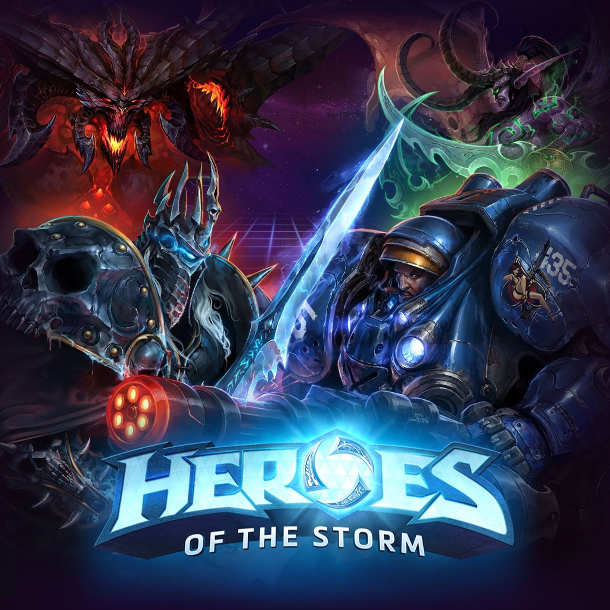 Cover art for the video game Heroes of the Storm. The image contains four Blizzard characters: Diablo from the Diablo series, Arthas & Illidan from the World of Warcraft, and Raynor from Starcraft. The logo of the game is shown at the bottom, reading "Heroes of the Storm."