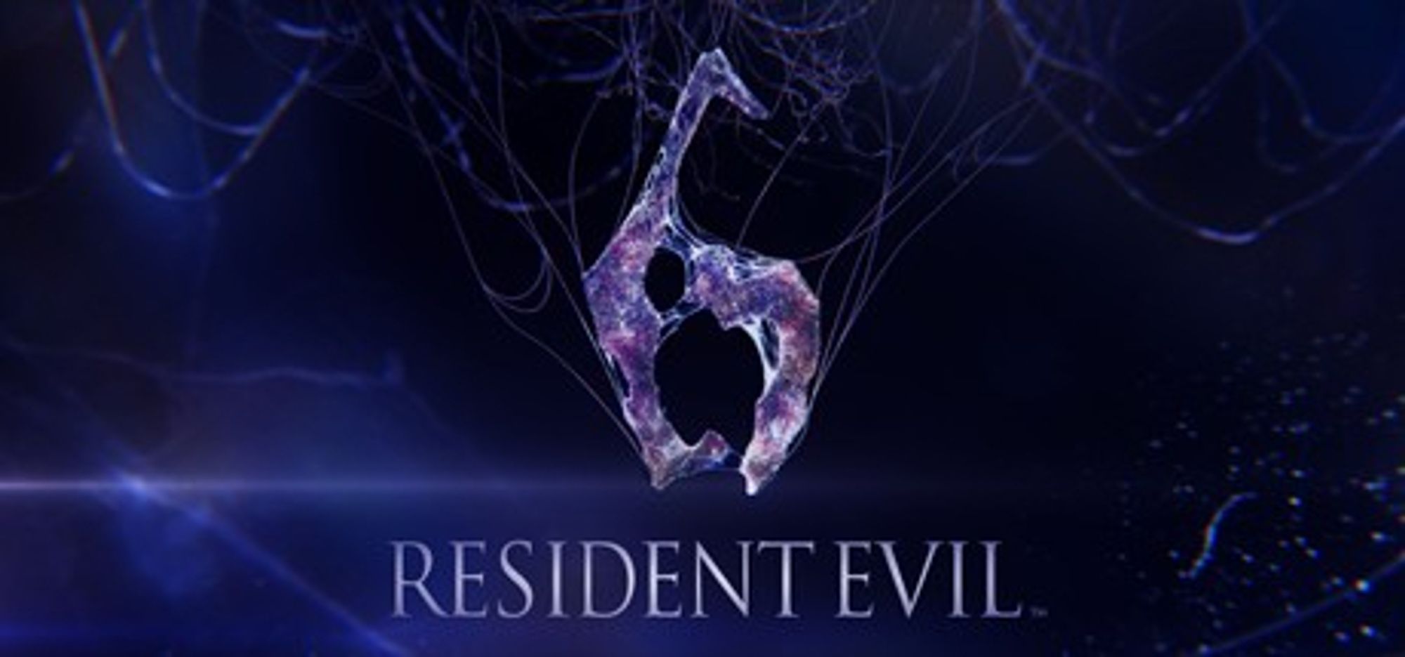 The cover art for the video game Resident Evil 6 (2012). The image is purple and mysterious with what appears to be spider's web everywhere. In the center is a large stylized 6 and below is the game's logo reading "Resident Evil."