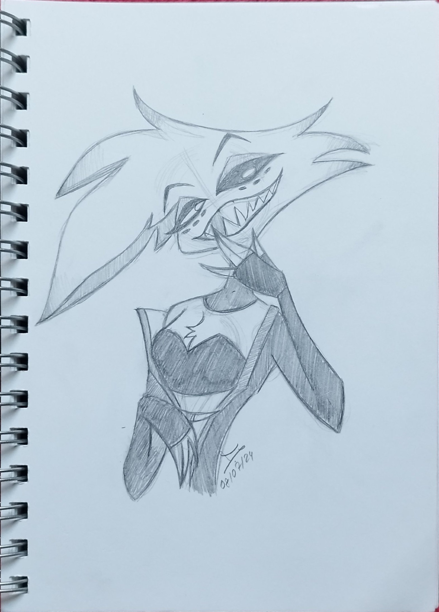 A traditional style sketch of Angel Dust from the show "Hazbin Hotel." His head is tilted a bit backwards and slightly to the side. He's looking down at something, grinning. He's covering part of his mouth with his left hand. 