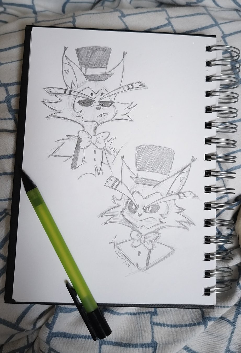 Two traditional style sketches of Husker from the show Hazbin Hotel. The upper left sketch shows Husk, thinking and looking to the side. The bottom right sketch shows annoyed Husk. 