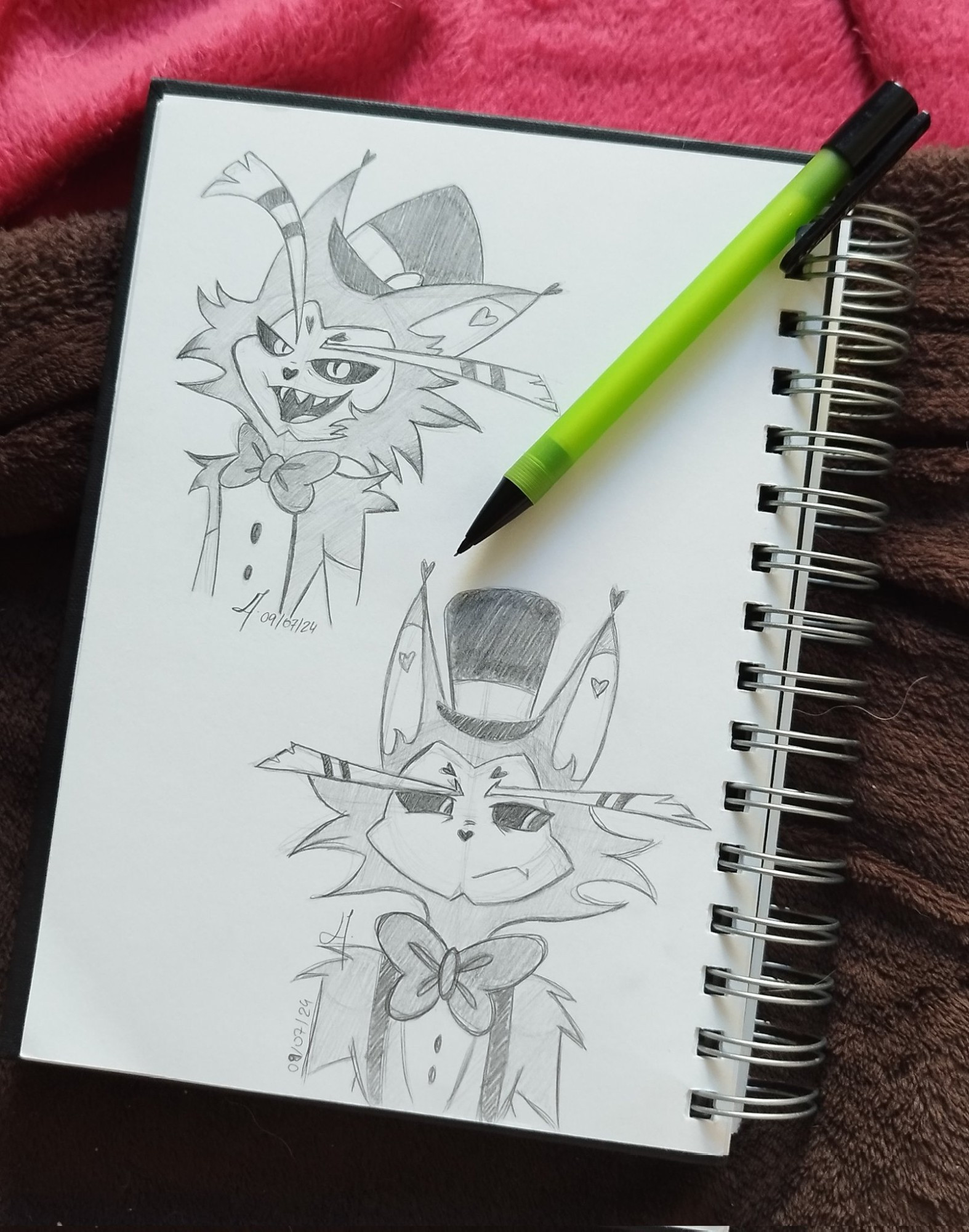 Two traditional style sketches of Husk from the show "Hazbin Hotel." The upper left sketch shows Husk grinning, his mouth open and right eyebrow raised. The bottom right sketch shows Husk looking awkwardly to the side.