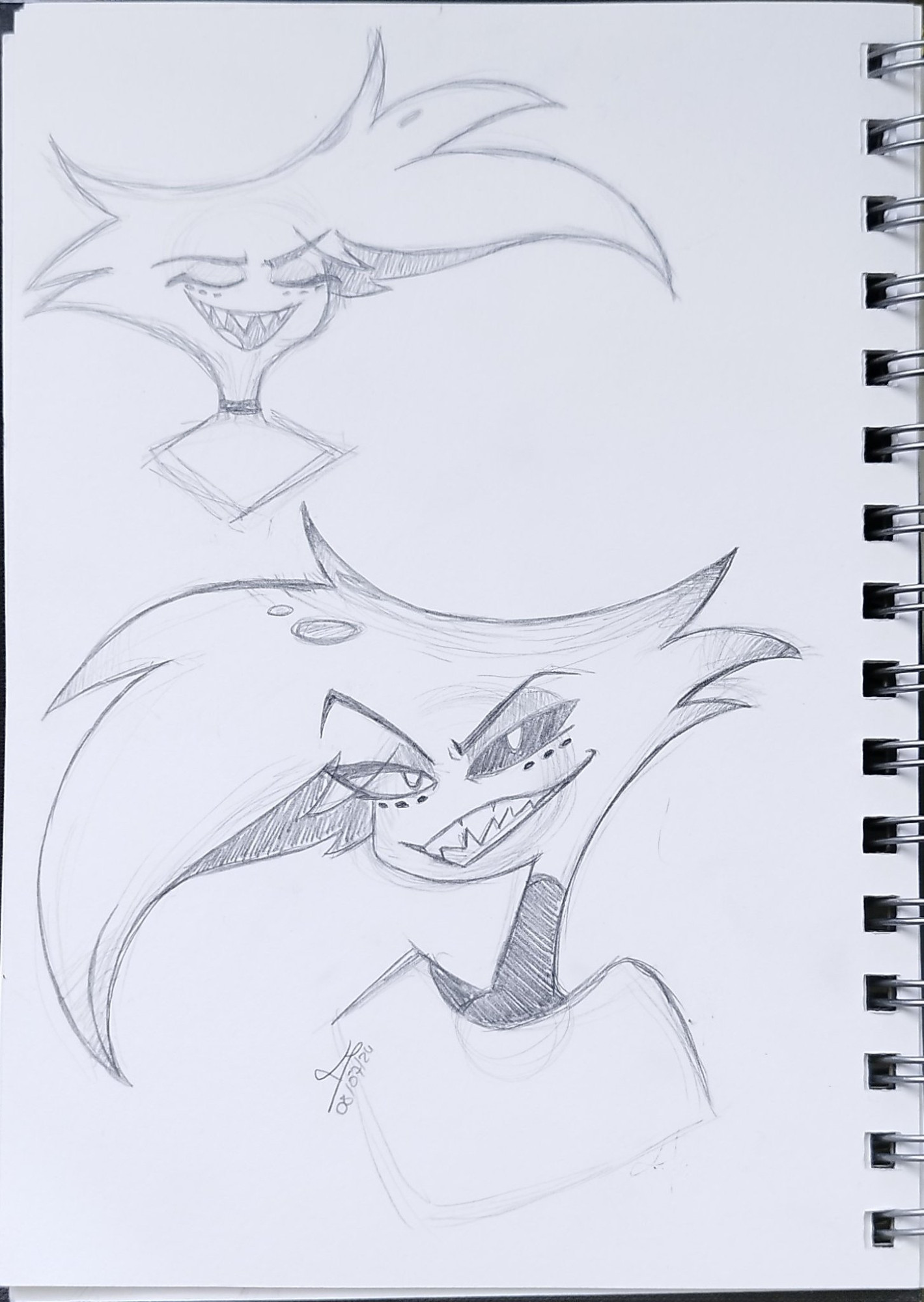 Two traditional style sketches of Angel Dust from the show "Hazbin Hotel." The sketch in the upper left corner shows Angel grinning, his mouth open and eyes closed. The sketch on the bottom half of the page is Angel, smirking, looking slightly to the side in a seductive manner. 