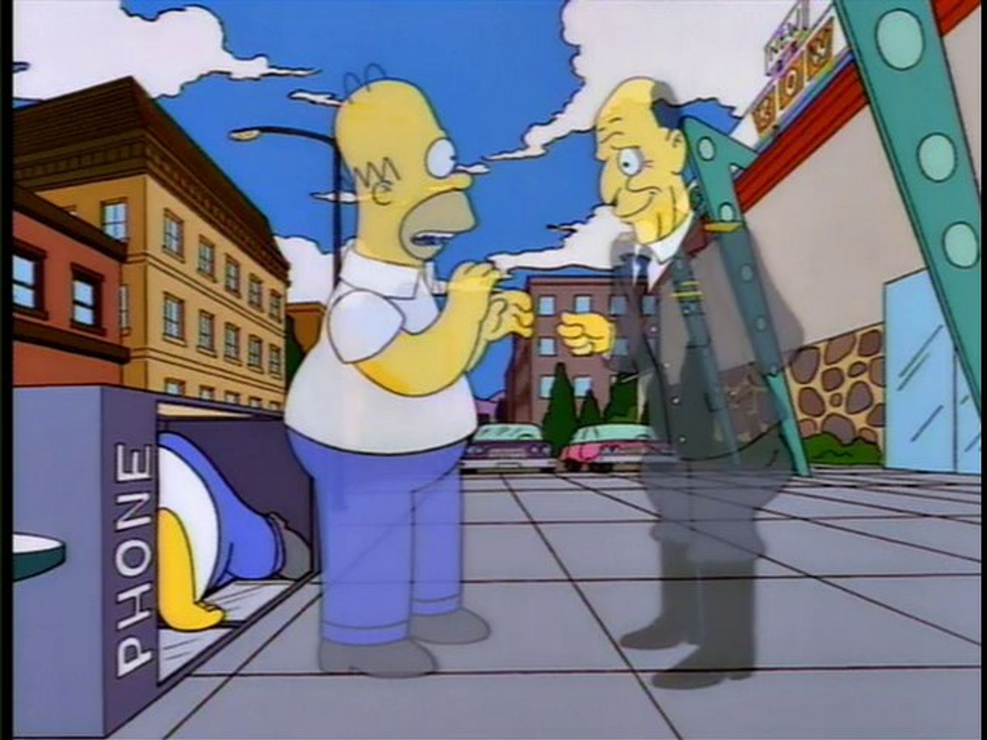 Homer spirit meets Colonel Klink spirit.
Homer's body is offline inside the phone booth by the way.