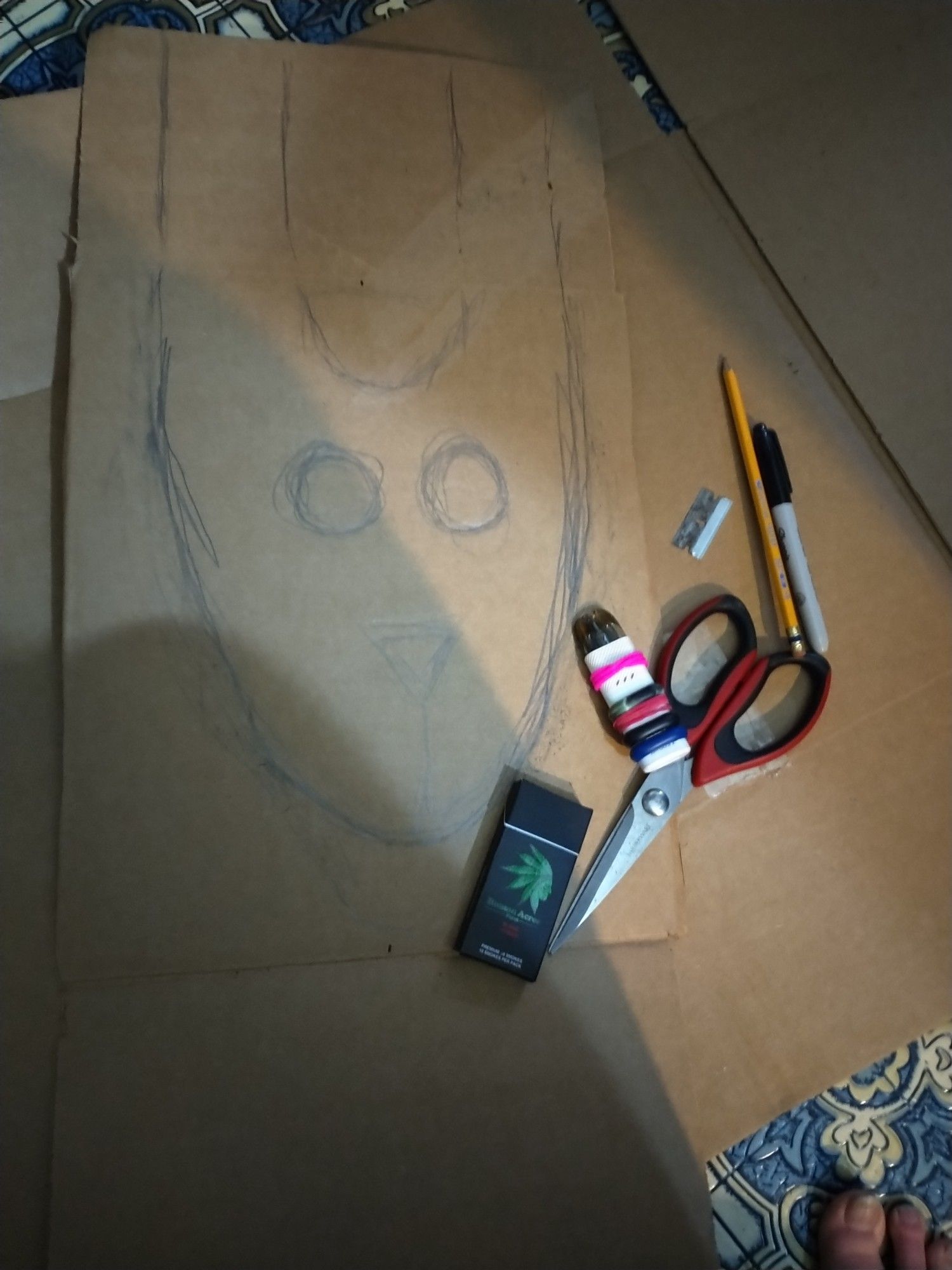 A quick sketch of a bunny head on cardboard.