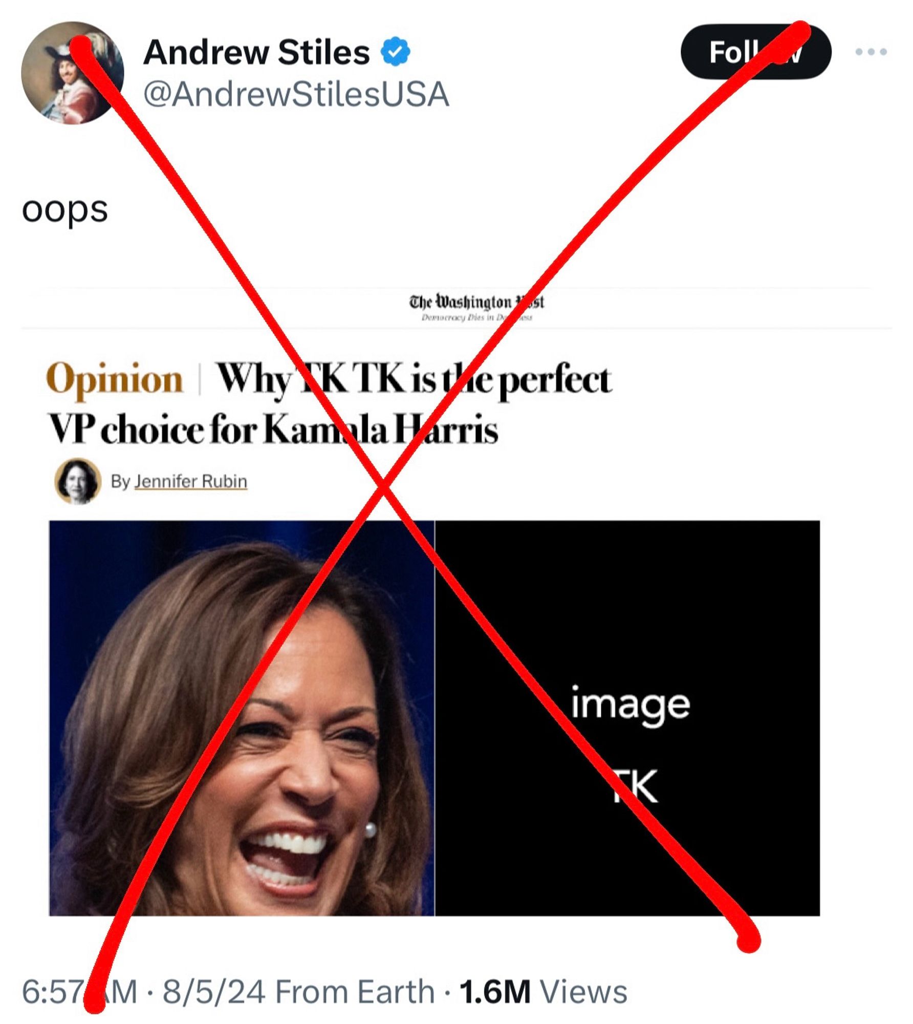 Screenshot of an Andrew stiles tweet with a fake wapo story about how Kamala’s VP pick is going to be perfect