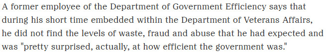 A former employee of the Department of Government Efficiency says that during his short time embedded within the Department of Veterans Affairs, he did not find the levels of waste, fraud and abuse that he had expected and was "pretty surprised, actually, at how efficient the government was."