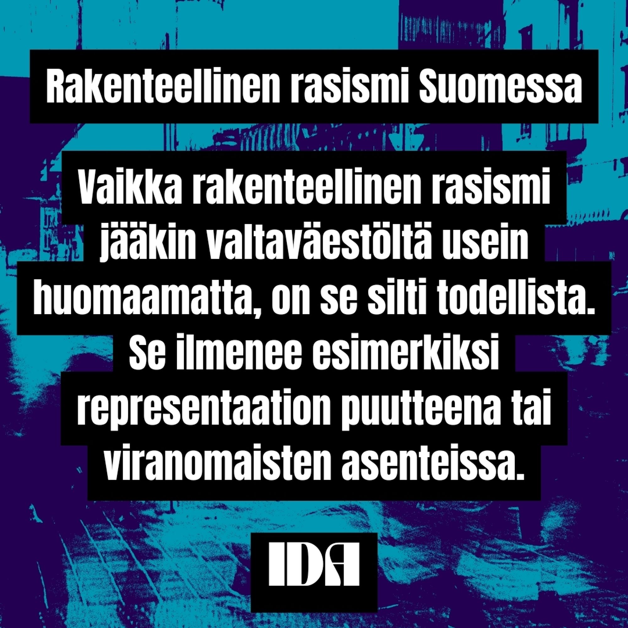 Kuvan teksti saatteessa. Teksti valkoinen mustalla pohjalla. Taustalla violetti-turkoosi grafiikka katunäkymästä.