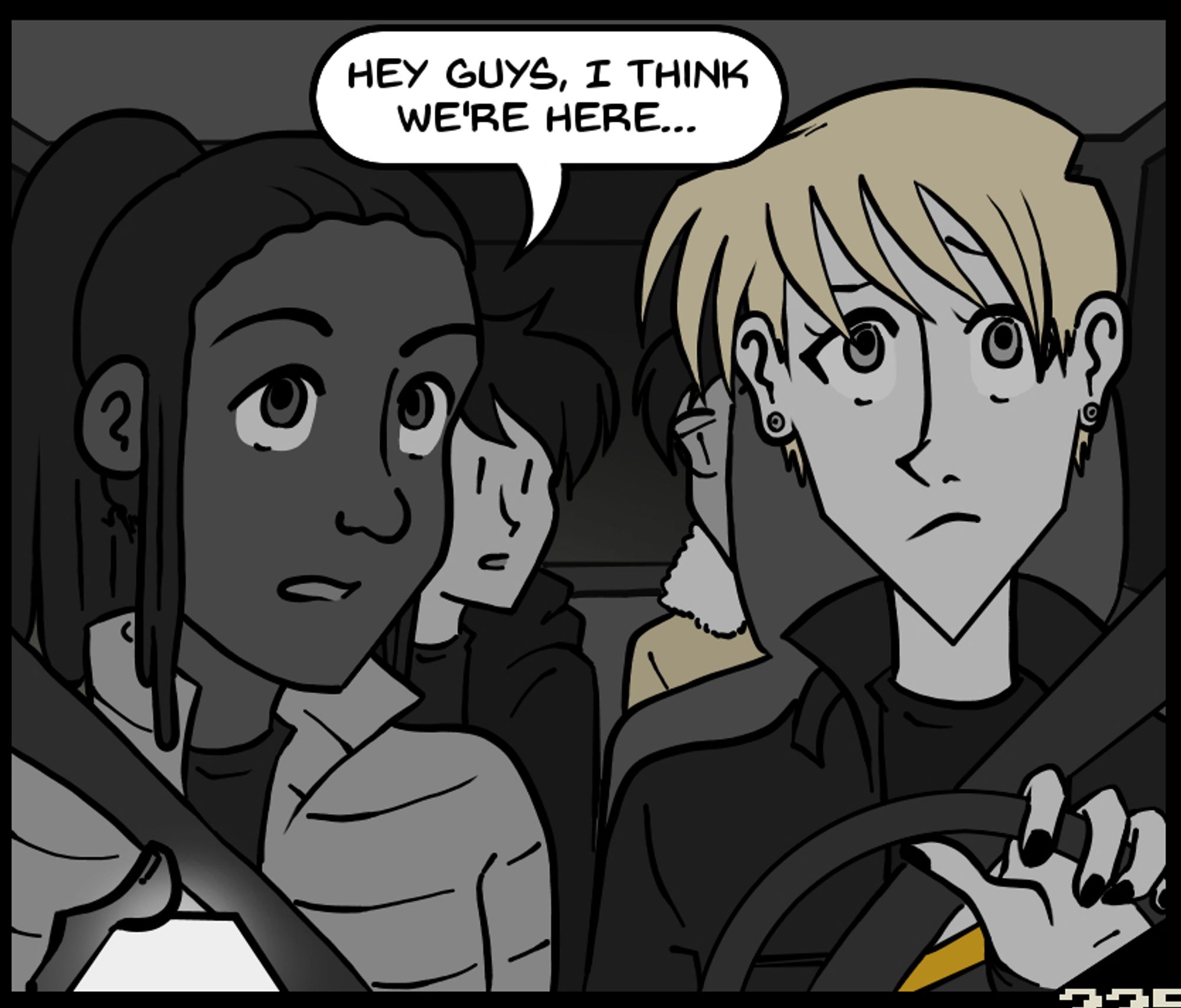 Comic panel of 4 men in a car. Jordan, a guy with long hair in dreadlocks, is holding his phone and saying "Hey guys, I think we're here..." Kaz, a blond guy with pierced ears, is sitting behind the steering wheel with an apprehensive look on his face. Alex and Rahul are in the backseat.