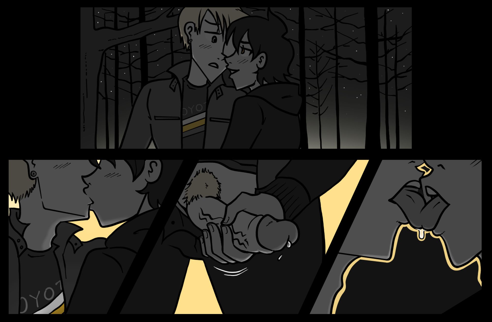 4 comic panels: First panel shows Kaz, a blond man with pierced ears, and Alex, a dark haired guy in a black hoodie, facing each other in the woods with their lips almost touching. The second panel shows them kissing. The third shows Alex's hand on Kaz's cock. The final panel shows a close up of their tongues as they kiss.