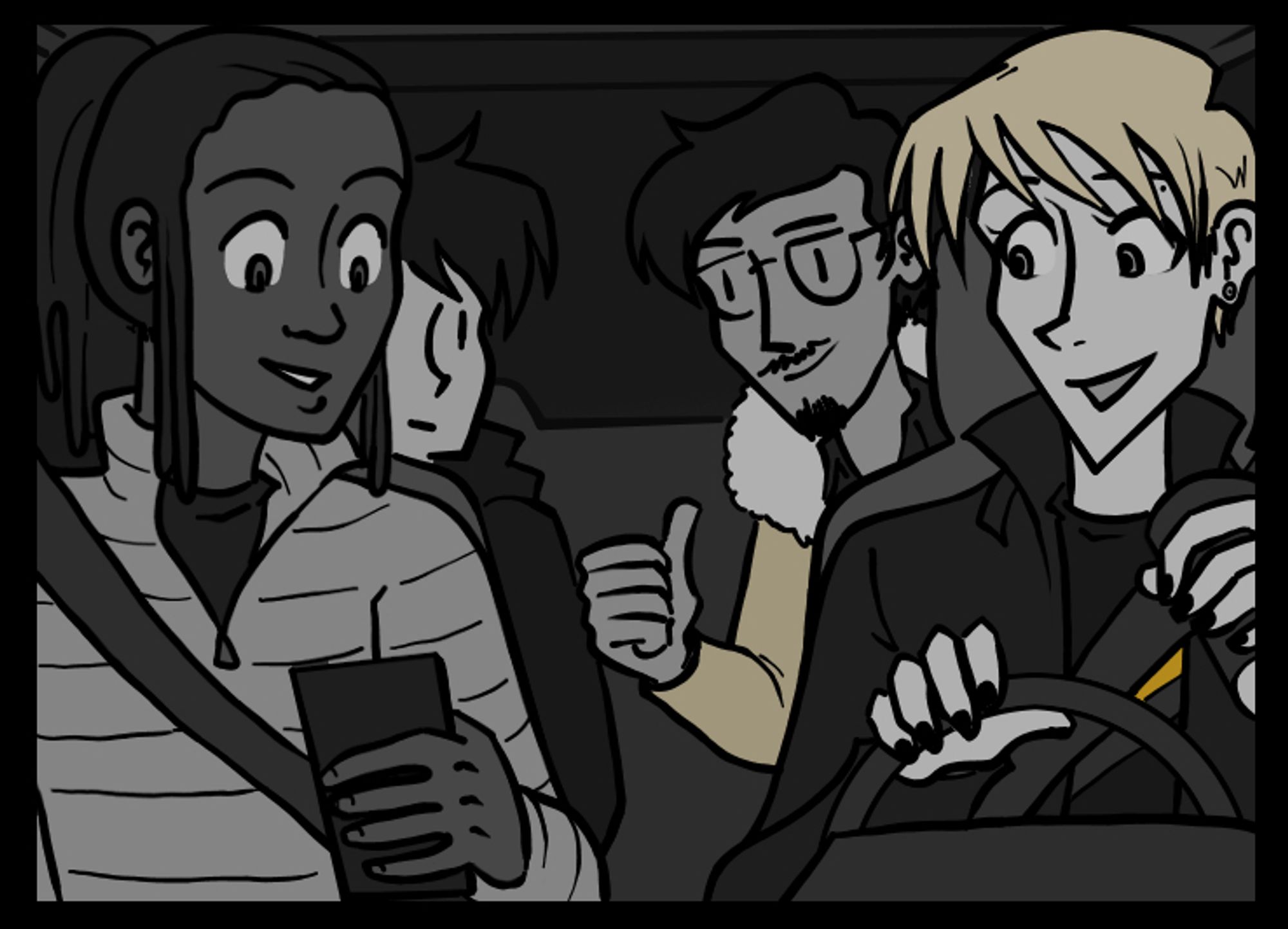 Comic panel of 4 men in a car. In the front seat are Jordan, a guy with dreadlocks looking at his phone, and the driver, Kaz, a guy with blond hair and pierced ears, holding a can of soda. In the backseat are Alex, a guy with black hair and a hoodie, and Rahul, a guy with black hair, glasses, and a goatee, giving a thumbs up.