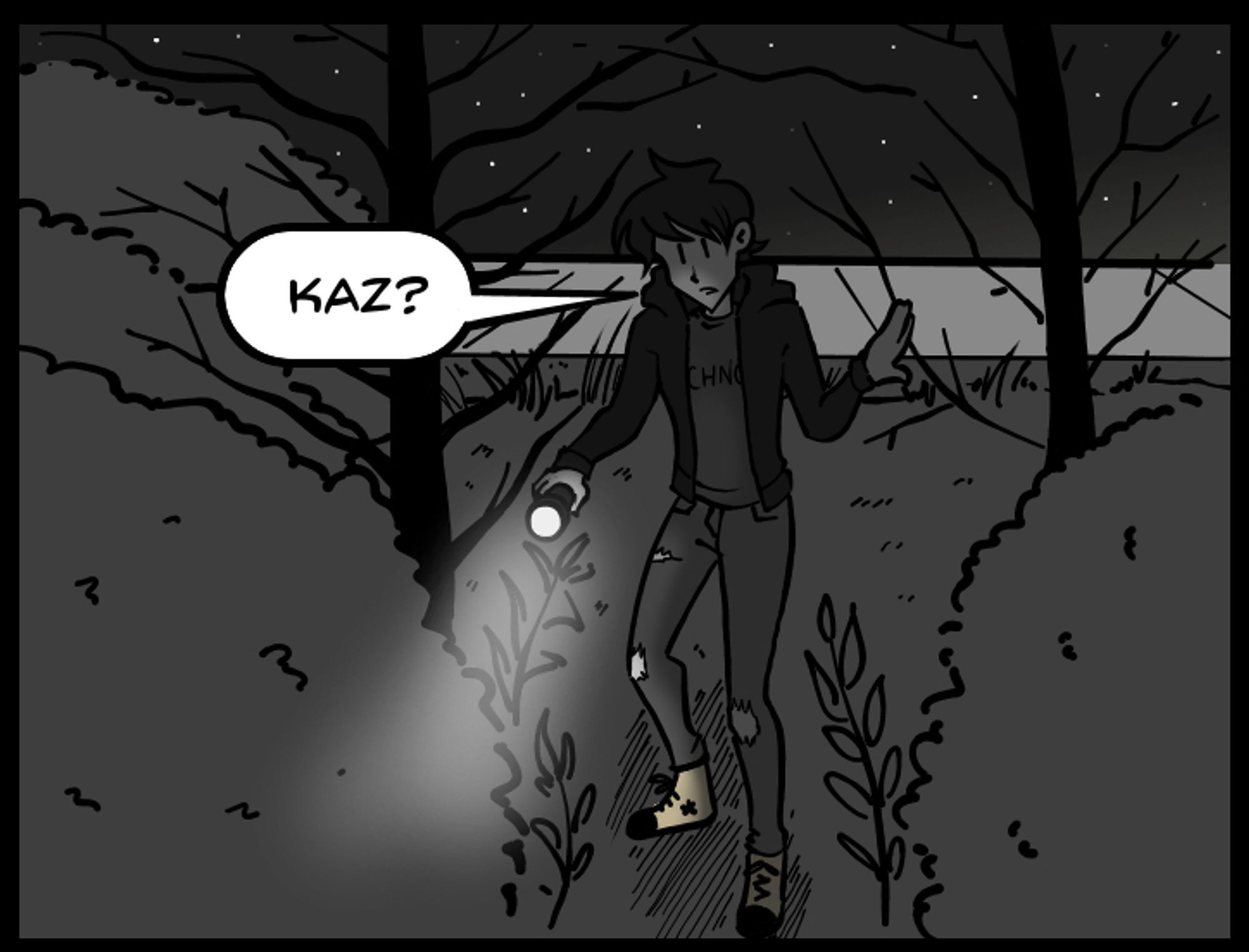 Comic panel of black haired guy in a black hoodie and ripped jeans walking down an embankment into the woods, calling out "Kaz?"